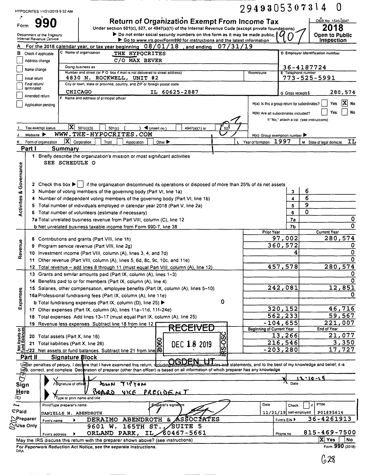 Image of first page of 2018 Form 990 for The Hypocrites