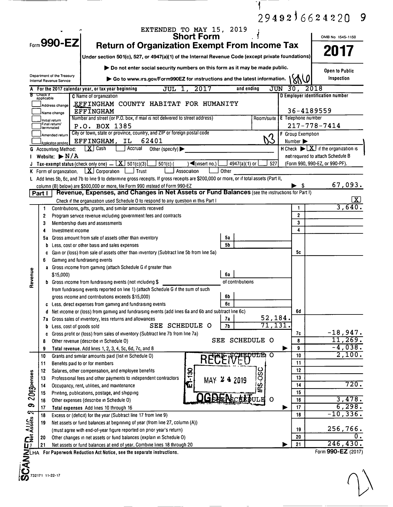 Image of first page of 2017 Form 990EZ for Effingham County Habitat for Humanity Effingham