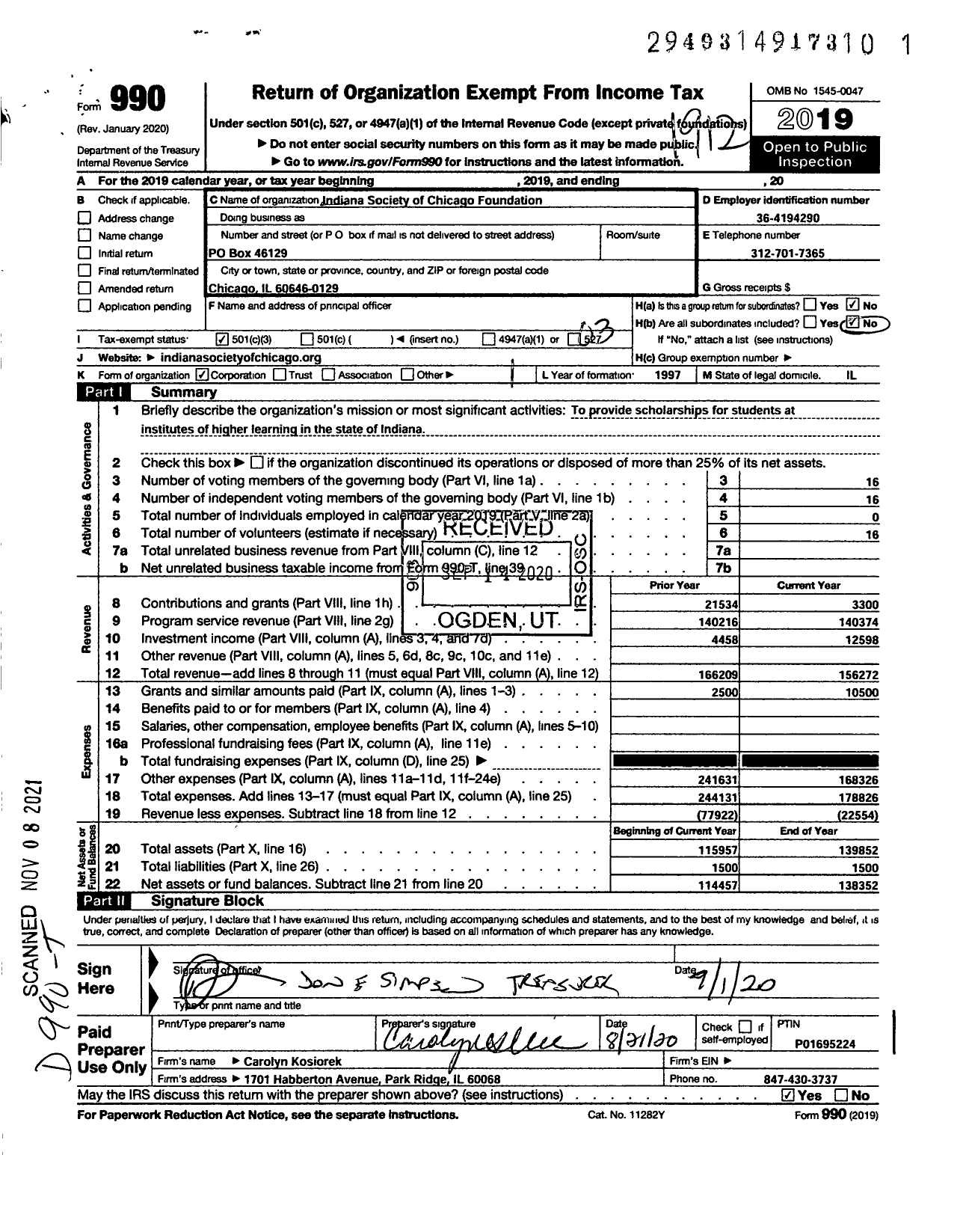 Image of first page of 2019 Form 990 for Indiana Society of Chicago Foundation