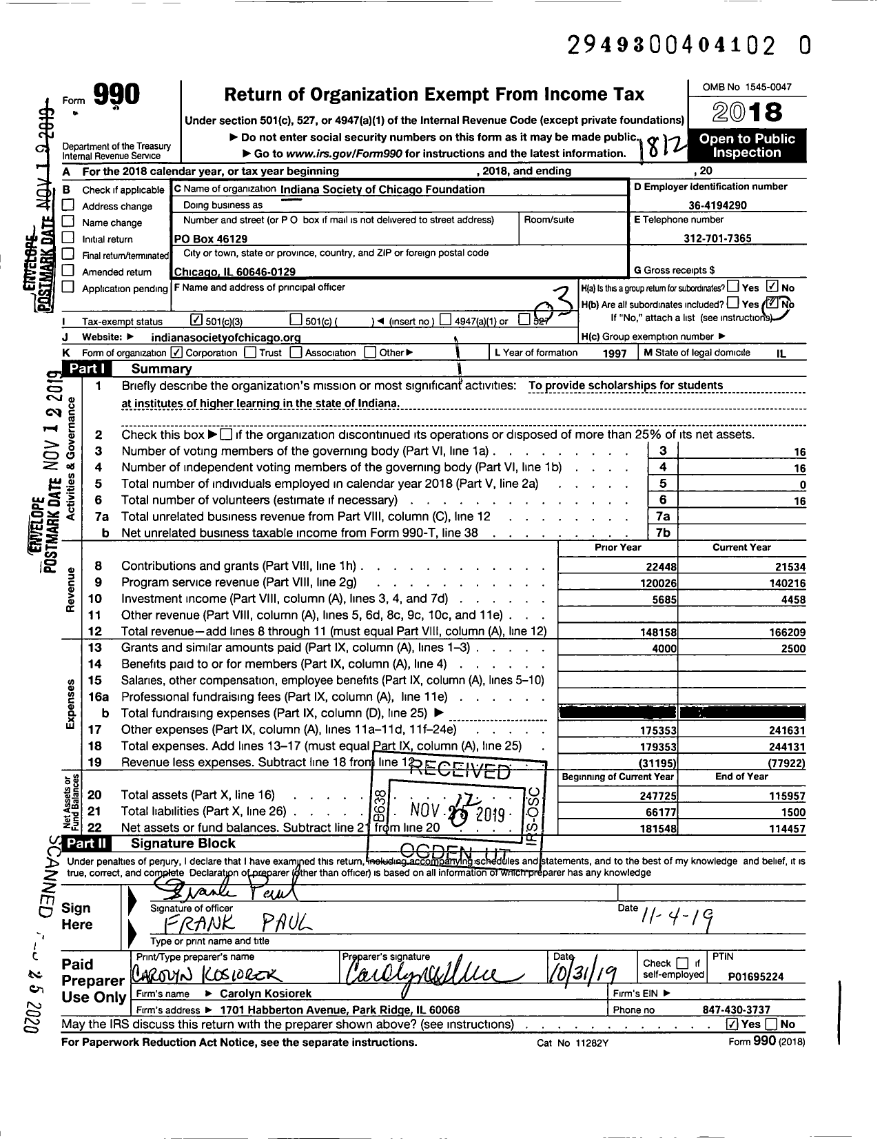 Image of first page of 2018 Form 990 for Indiana Society of Chicago Foundation