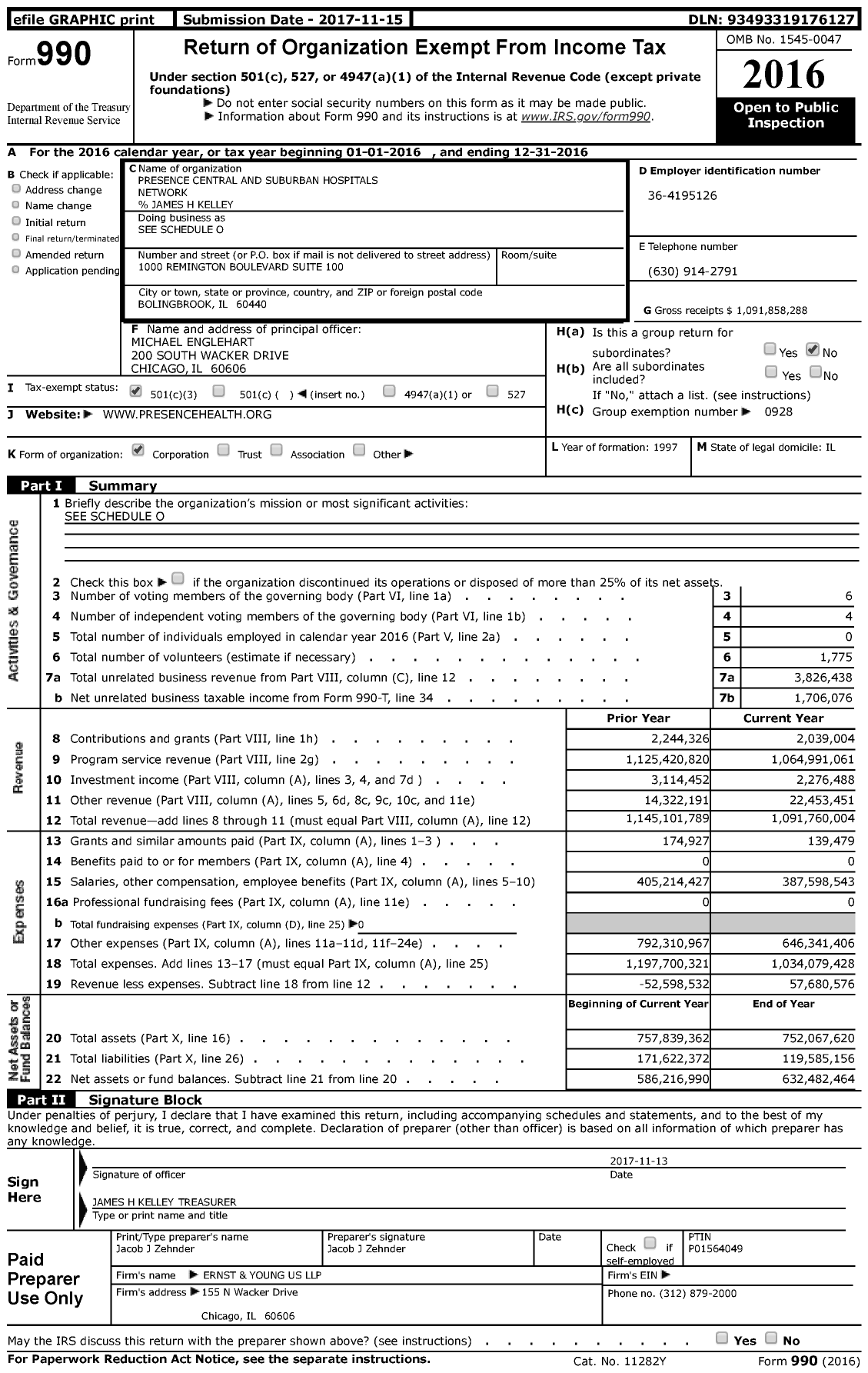 Image of first page of 2016 Form 990 for Presence Central and Suburban Hospitals Network
