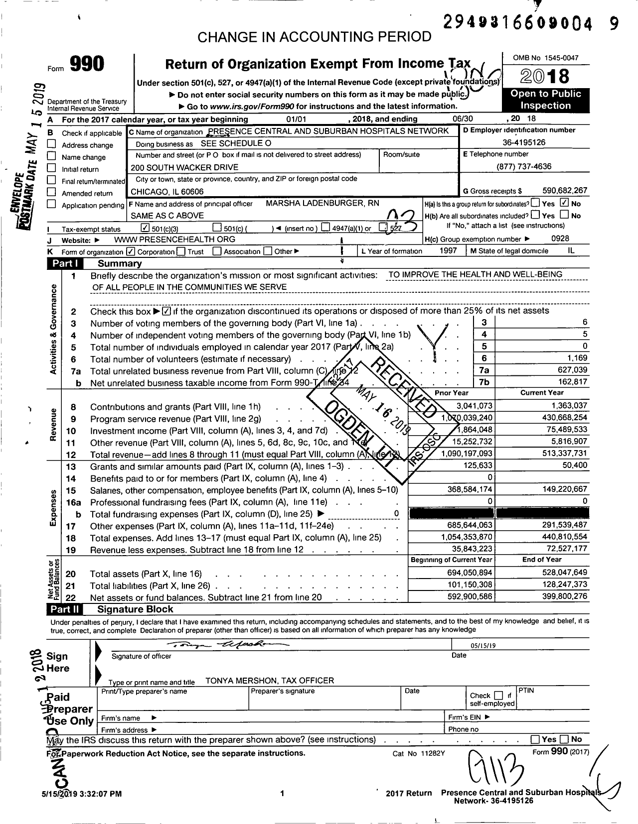 Image of first page of 2017 Form 990 for Presence Central and Suburban Hospitals Network