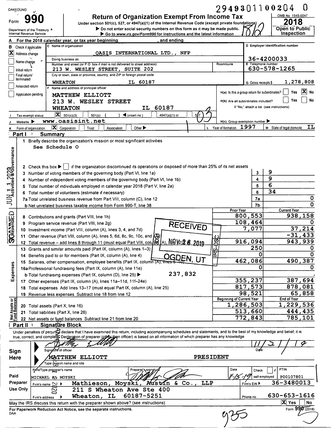 Image of first page of 2018 Form 990 for Oasis International NFP