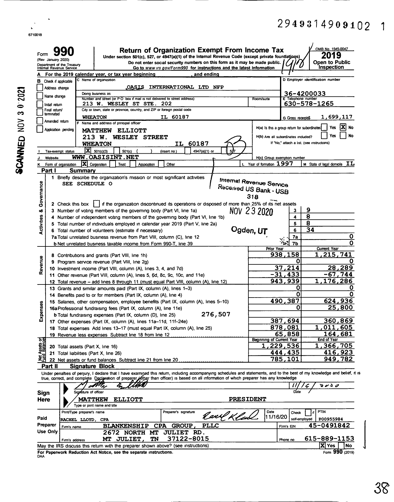 Image of first page of 2019 Form 990 for Oasis International NFP