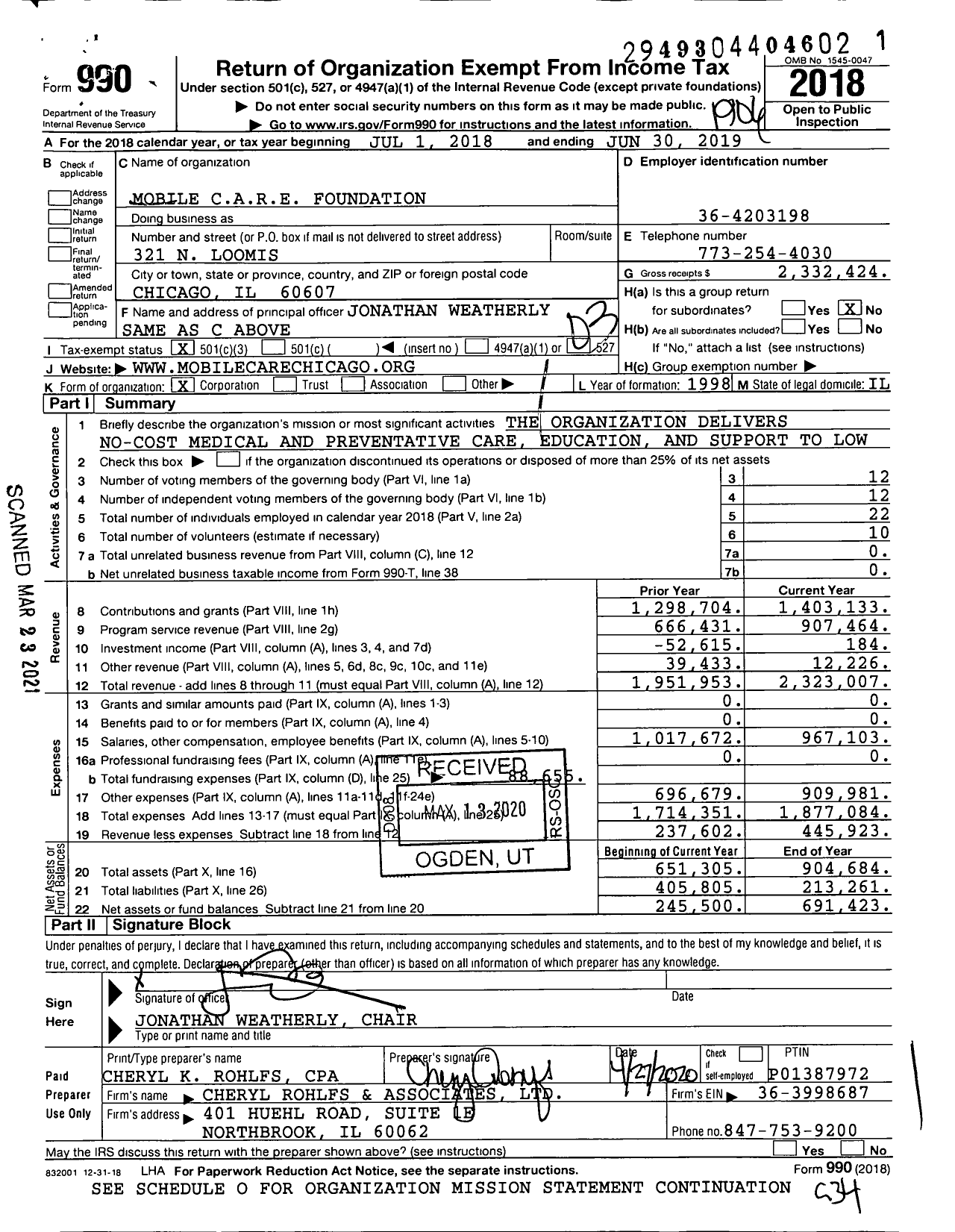 Image of first page of 2018 Form 990 for Mobile Care Foundation