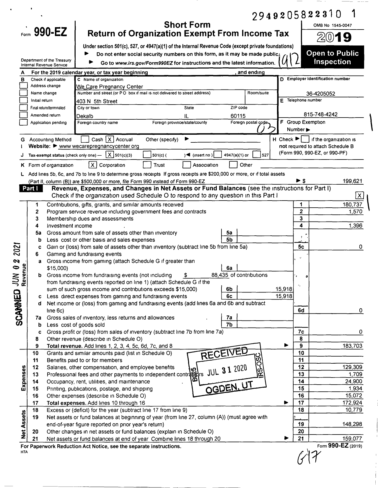 Image of first page of 2019 Form 990EZ for We Care Pregnancy Center