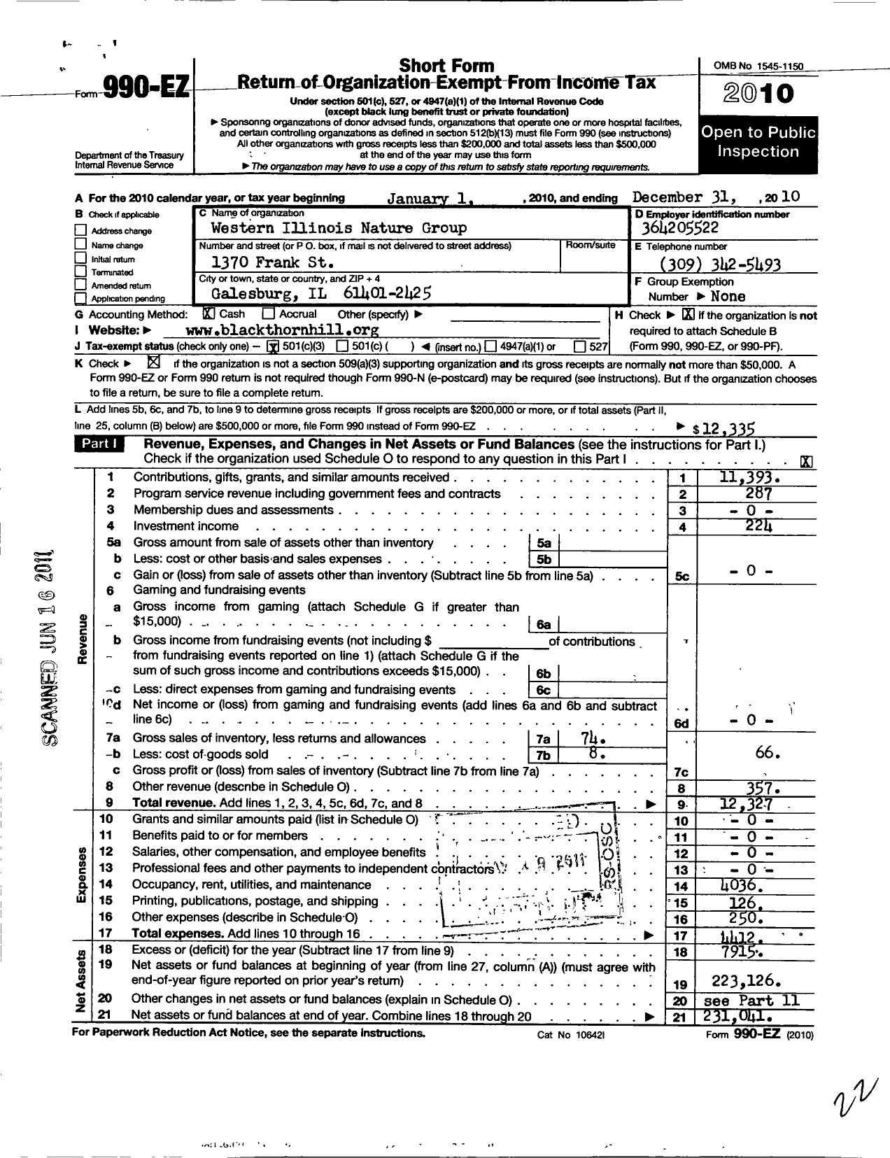 Image of first page of 2010 Form 990EZ for Western Illinois Nature Group