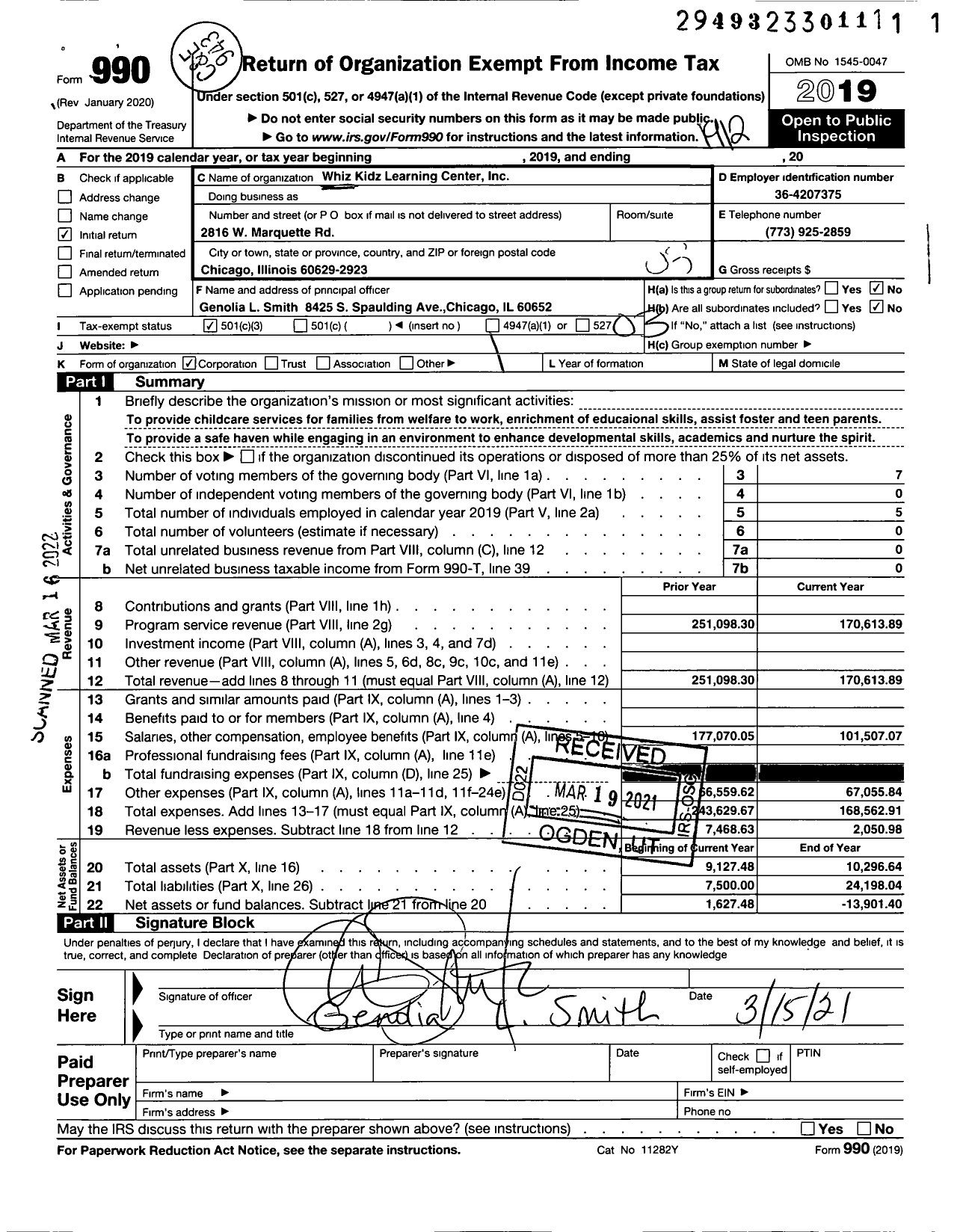 Image of first page of 2019 Form 990 for Whiz Kidz Learning Center