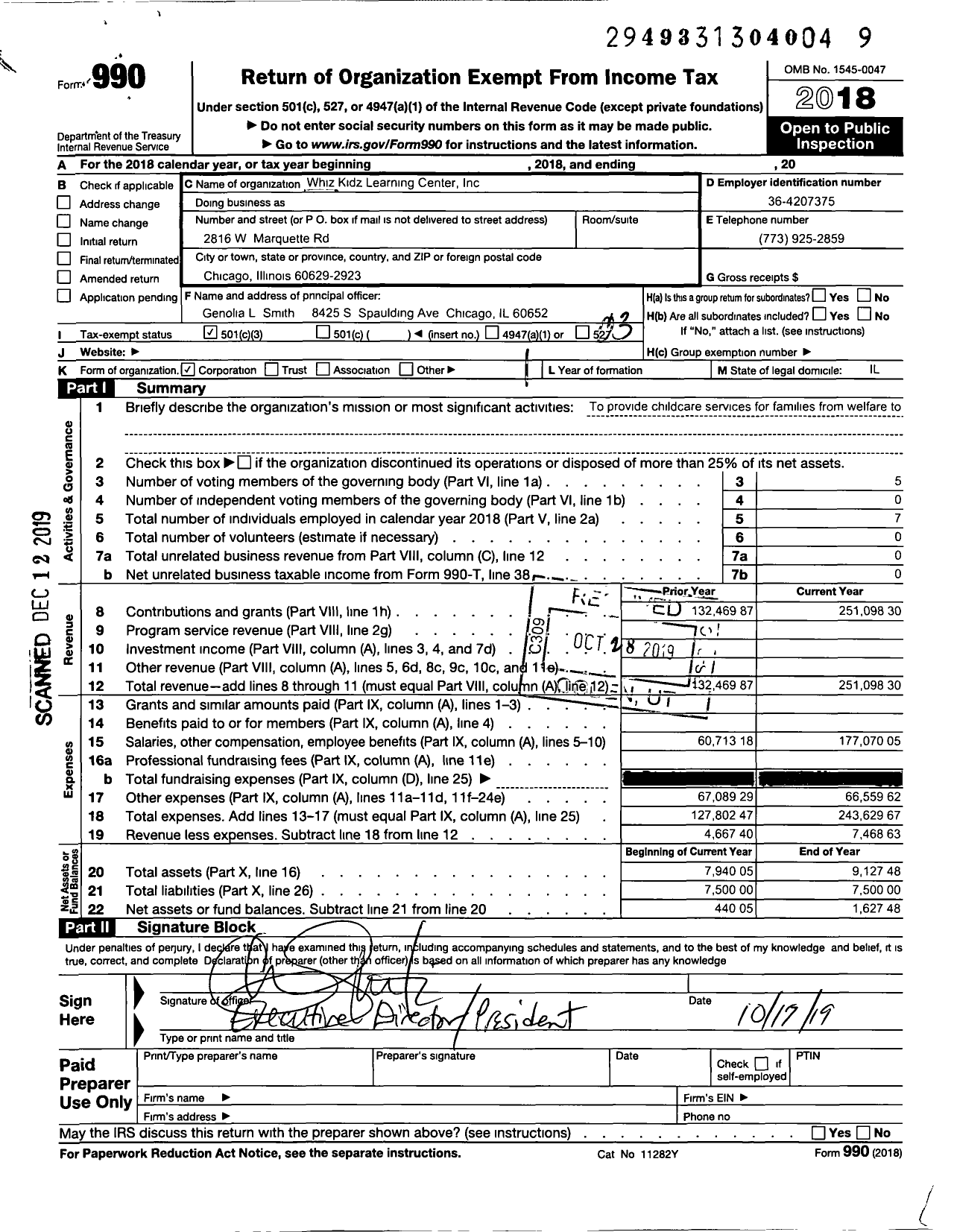 Image of first page of 2018 Form 990 for Whiz Kidz Learning Center