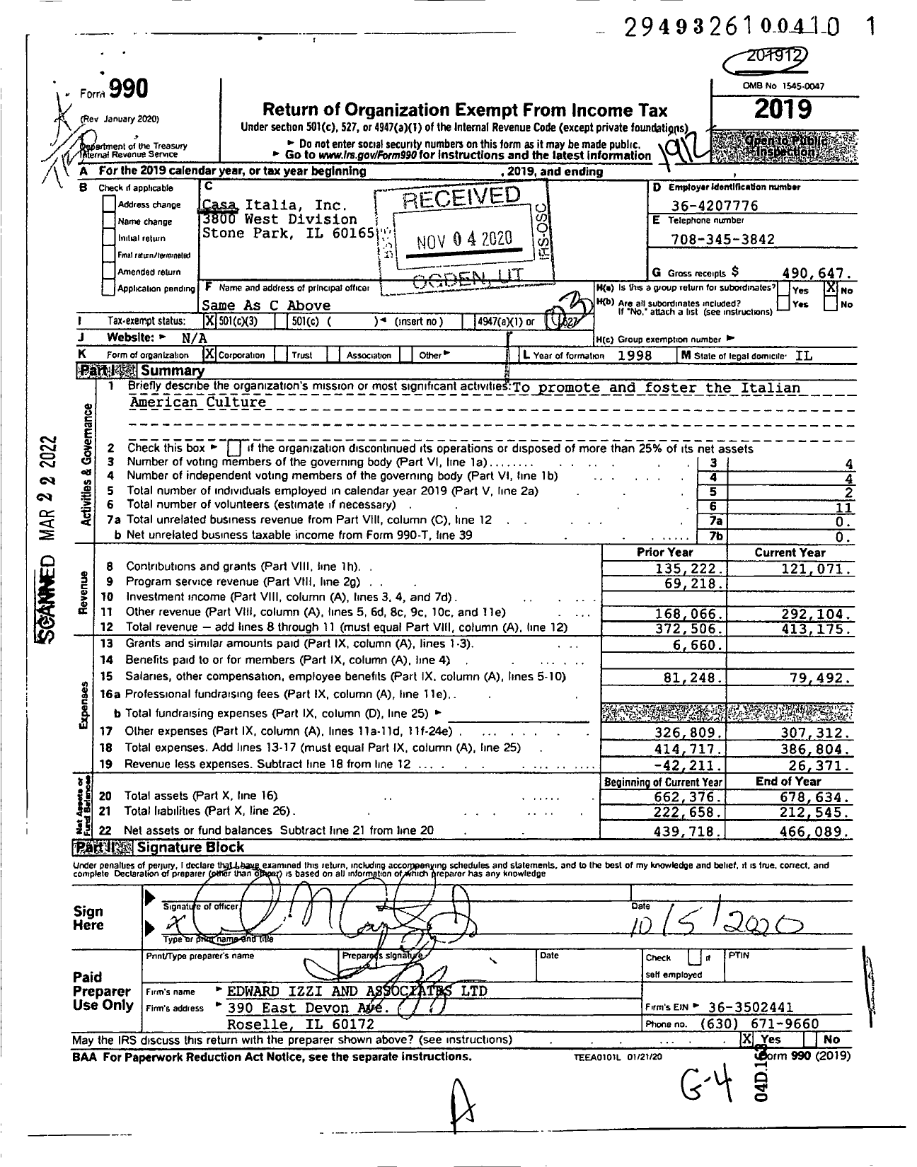 Image of first page of 2019 Form 990 for Casa Italia