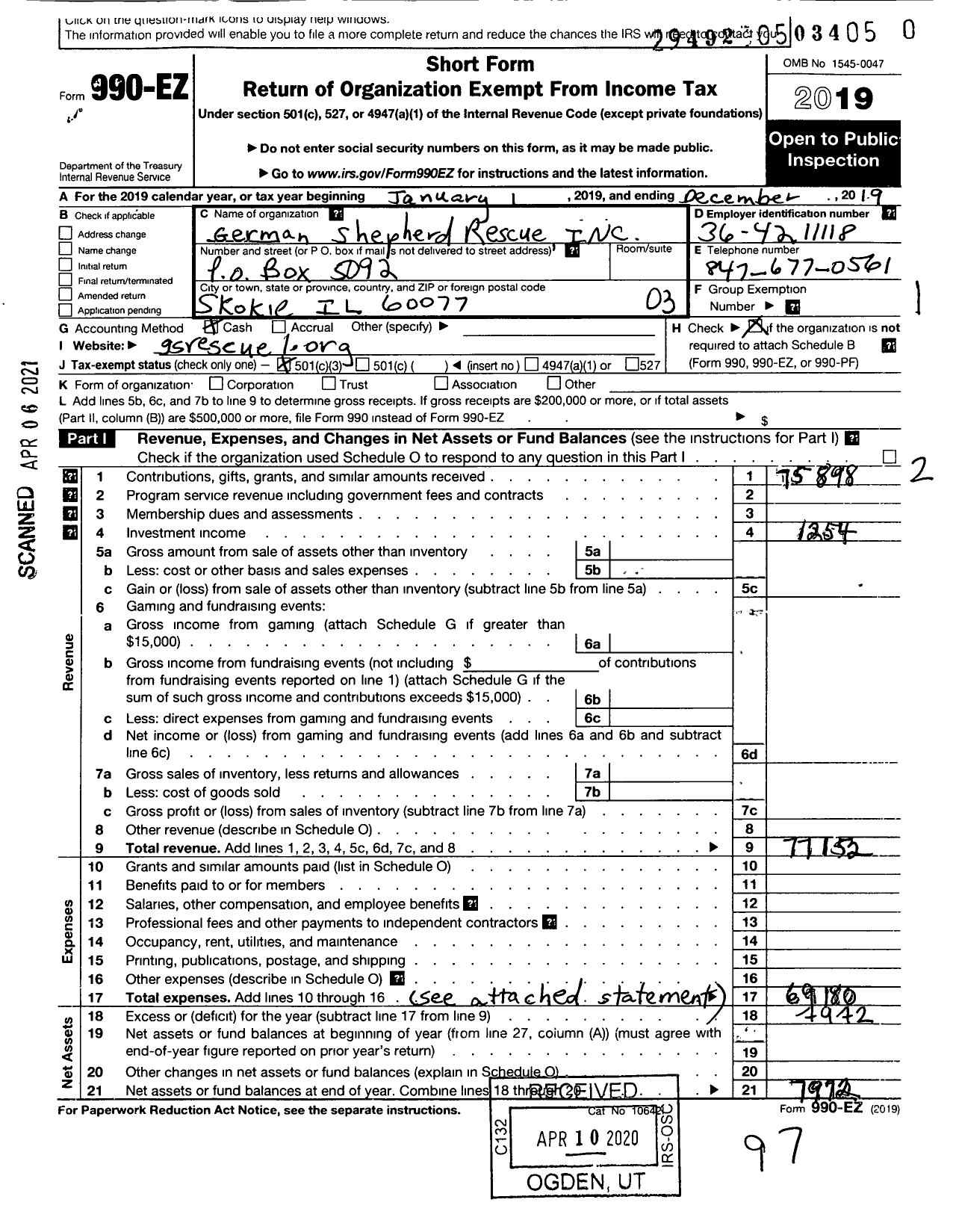 Image of first page of 2019 Form 990EZ for German Shepherd Rescue