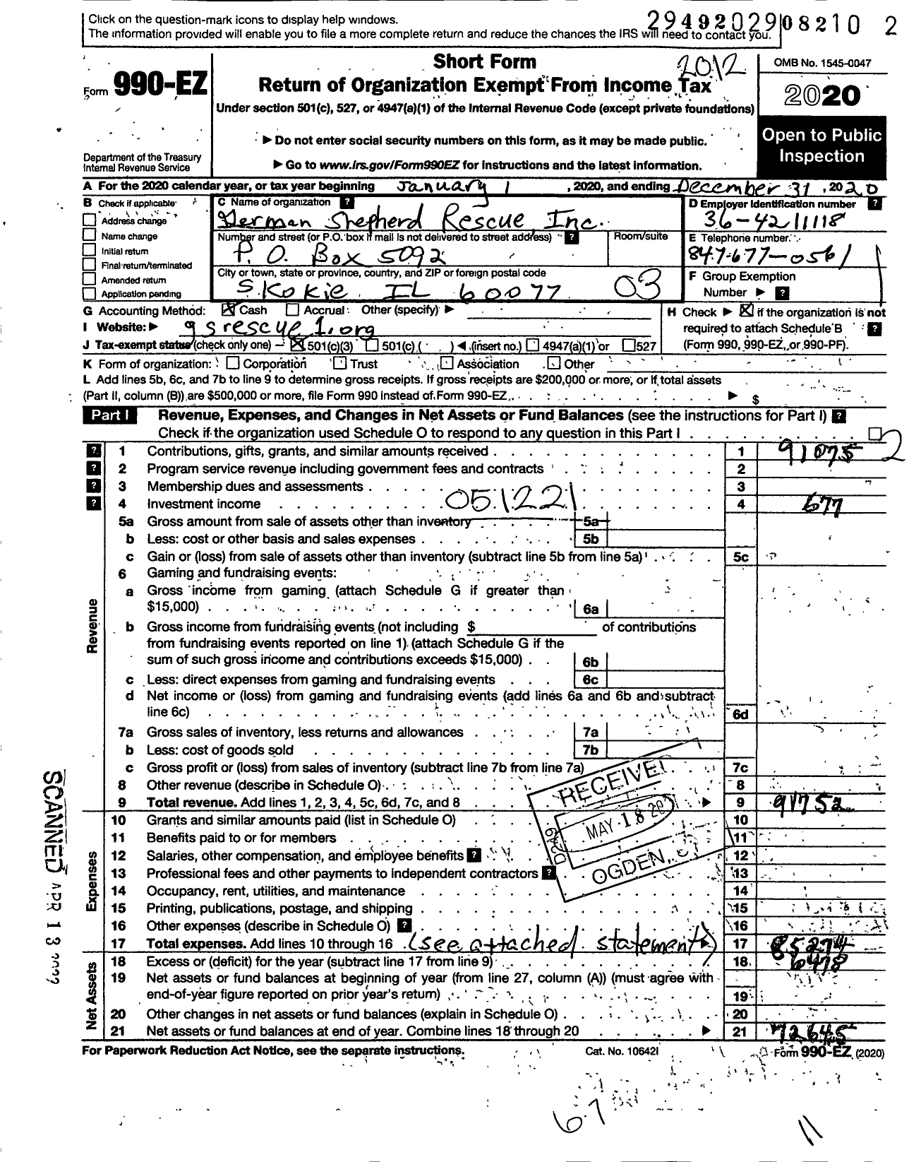 Image of first page of 2020 Form 990EZ for German Shepherd Rescue