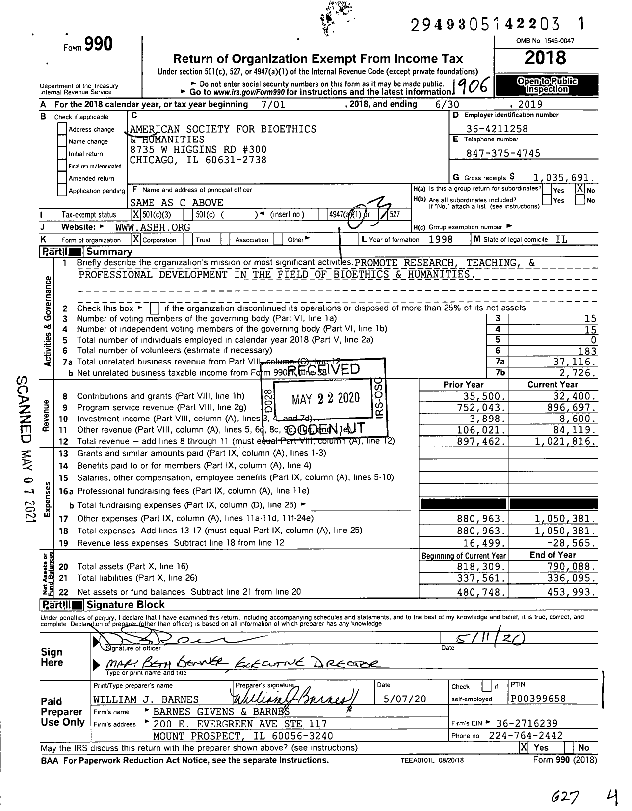 Image of first page of 2018 Form 990 for American Society For Bioethics & Humanities