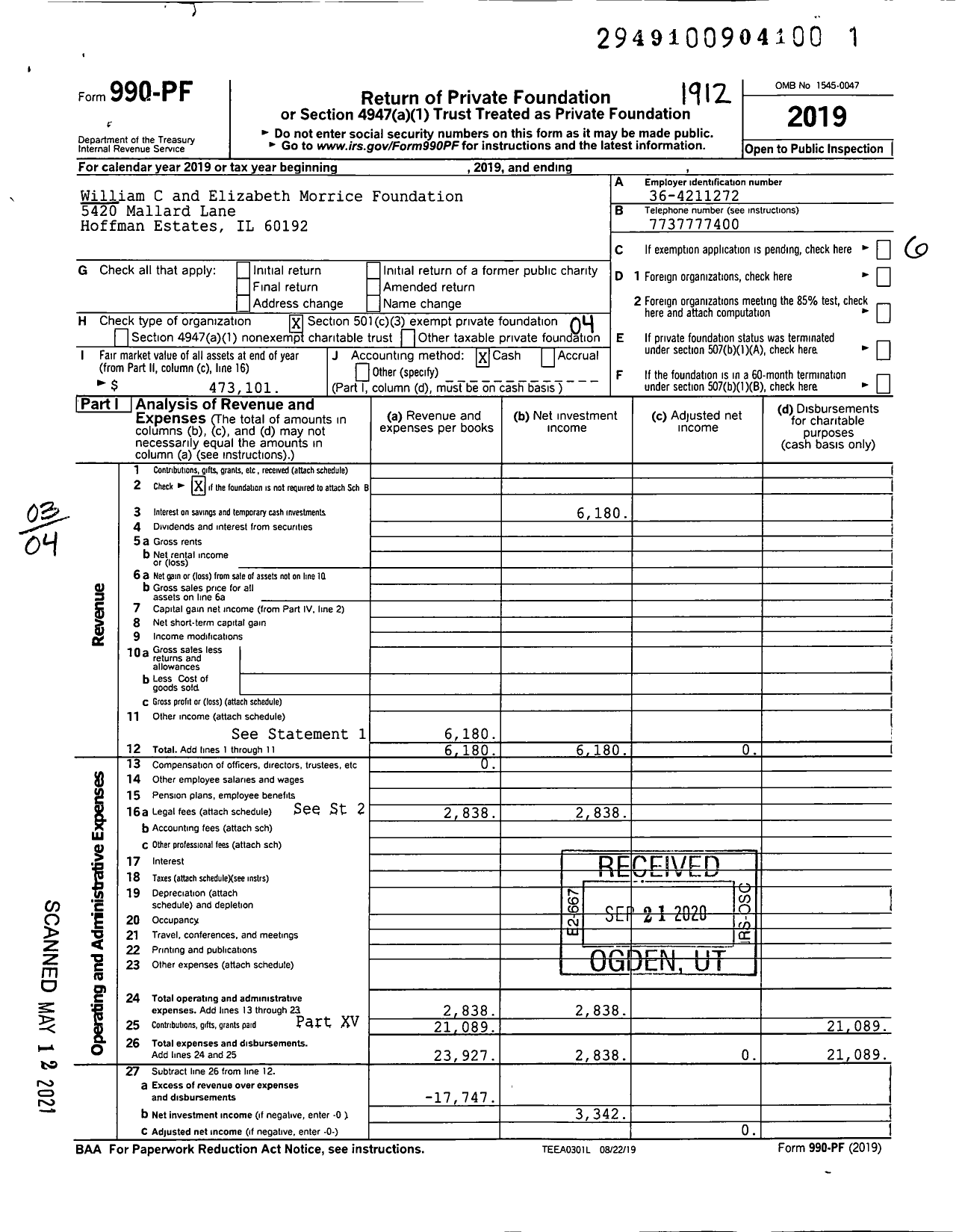 Image of first page of 2019 Form 990PF for William C and Elizabeth Morrice Foundation