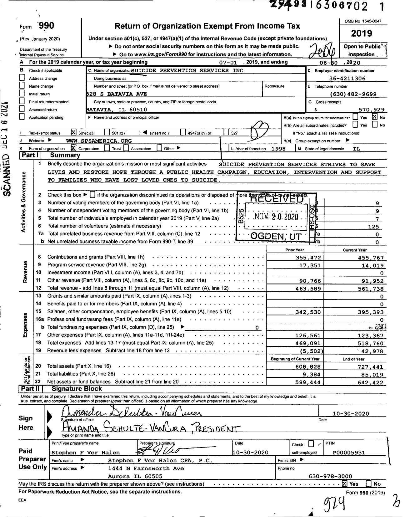 Image of first page of 2019 Form 990 for Suicide Prevention Services
