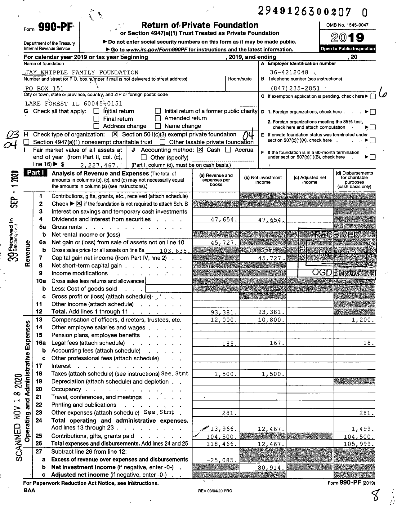 Image of first page of 2019 Form 990PF for Jay Whipple Family Foundation