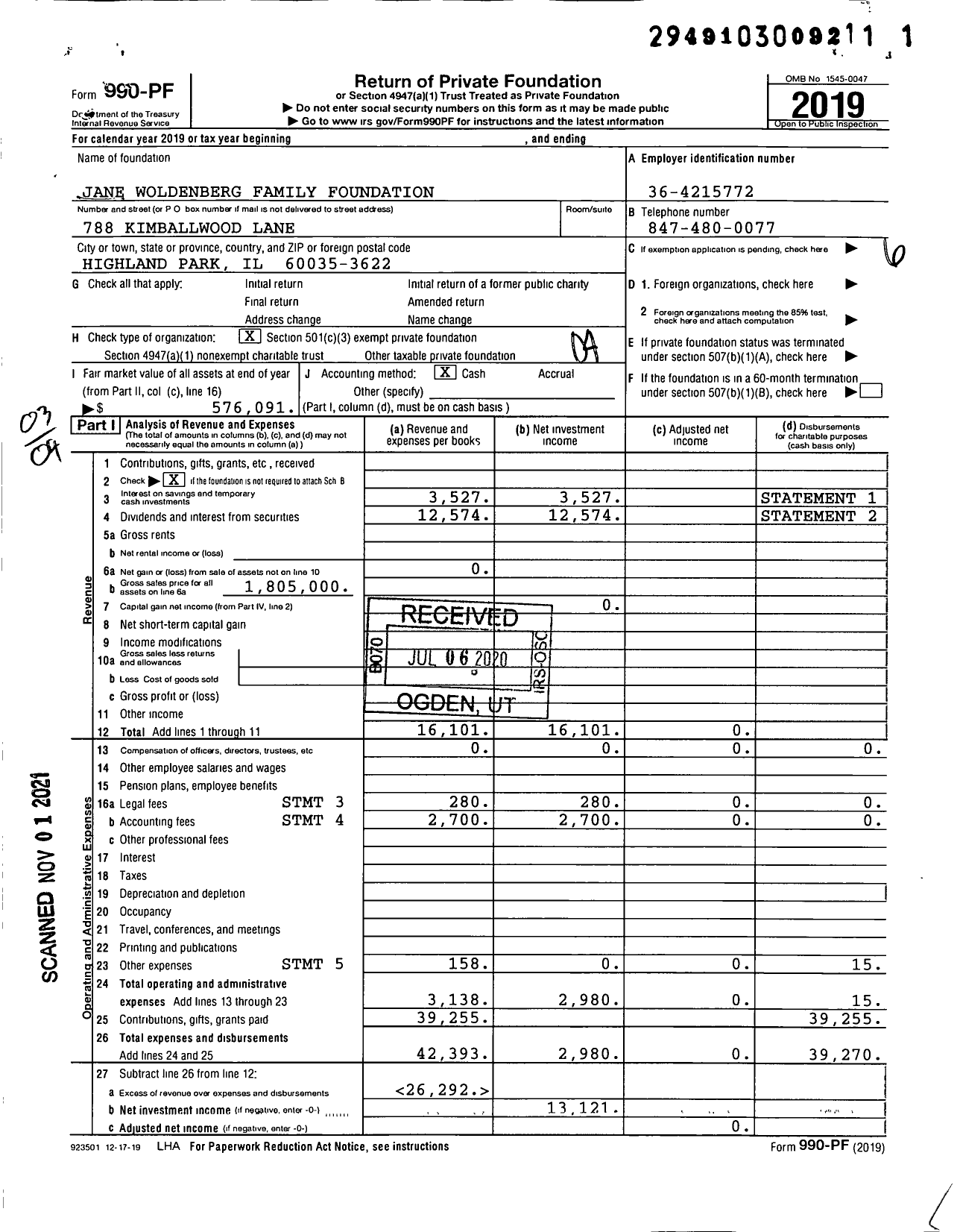 Image of first page of 2019 Form 990PF for Jane Woldenberg Family Foundation