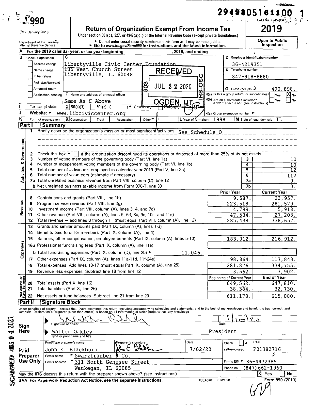 Image of first page of 2019 Form 990 for Libertyville Civic Center Foundation