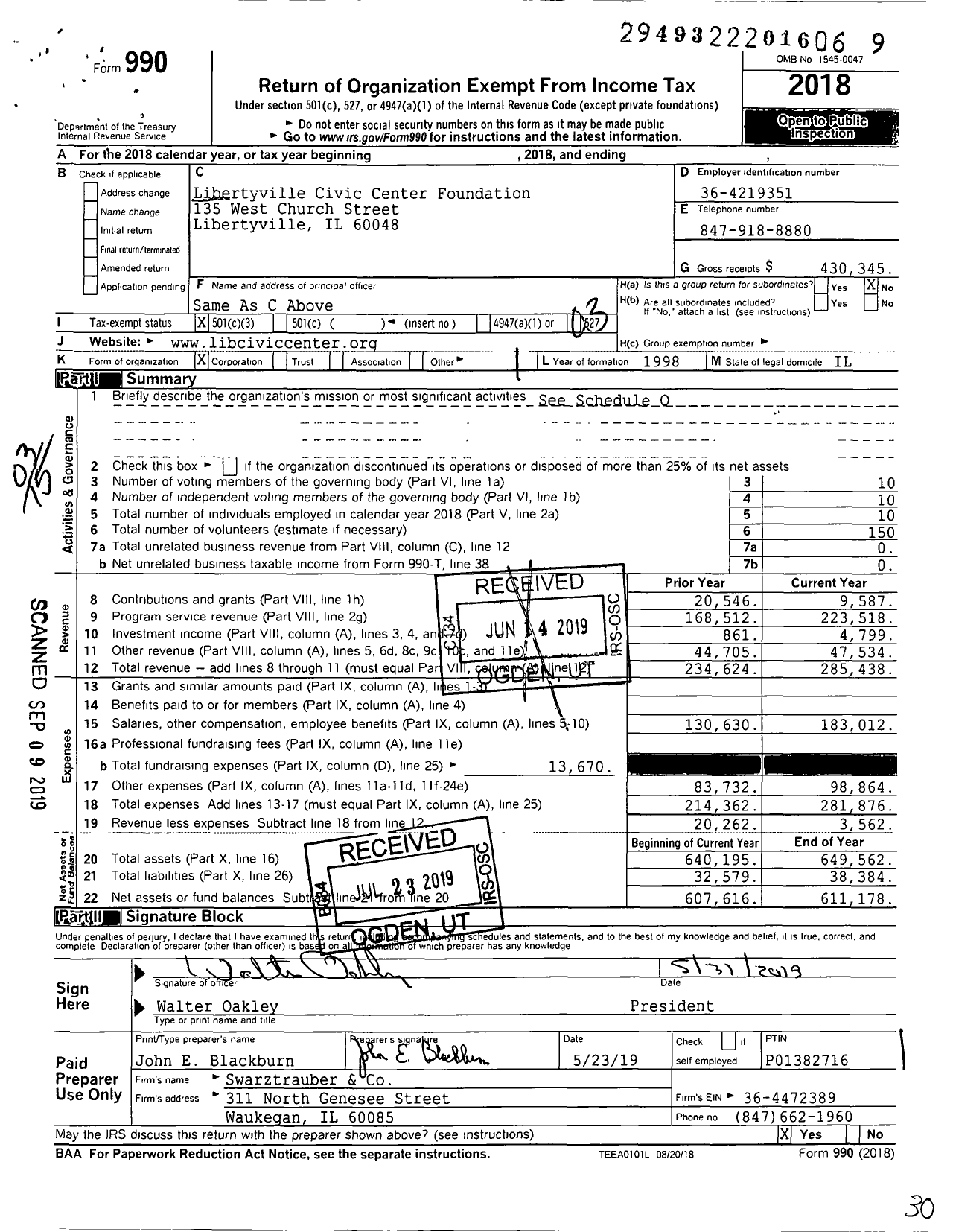Image of first page of 2018 Form 990 for Libertyville Civic Center Foundation