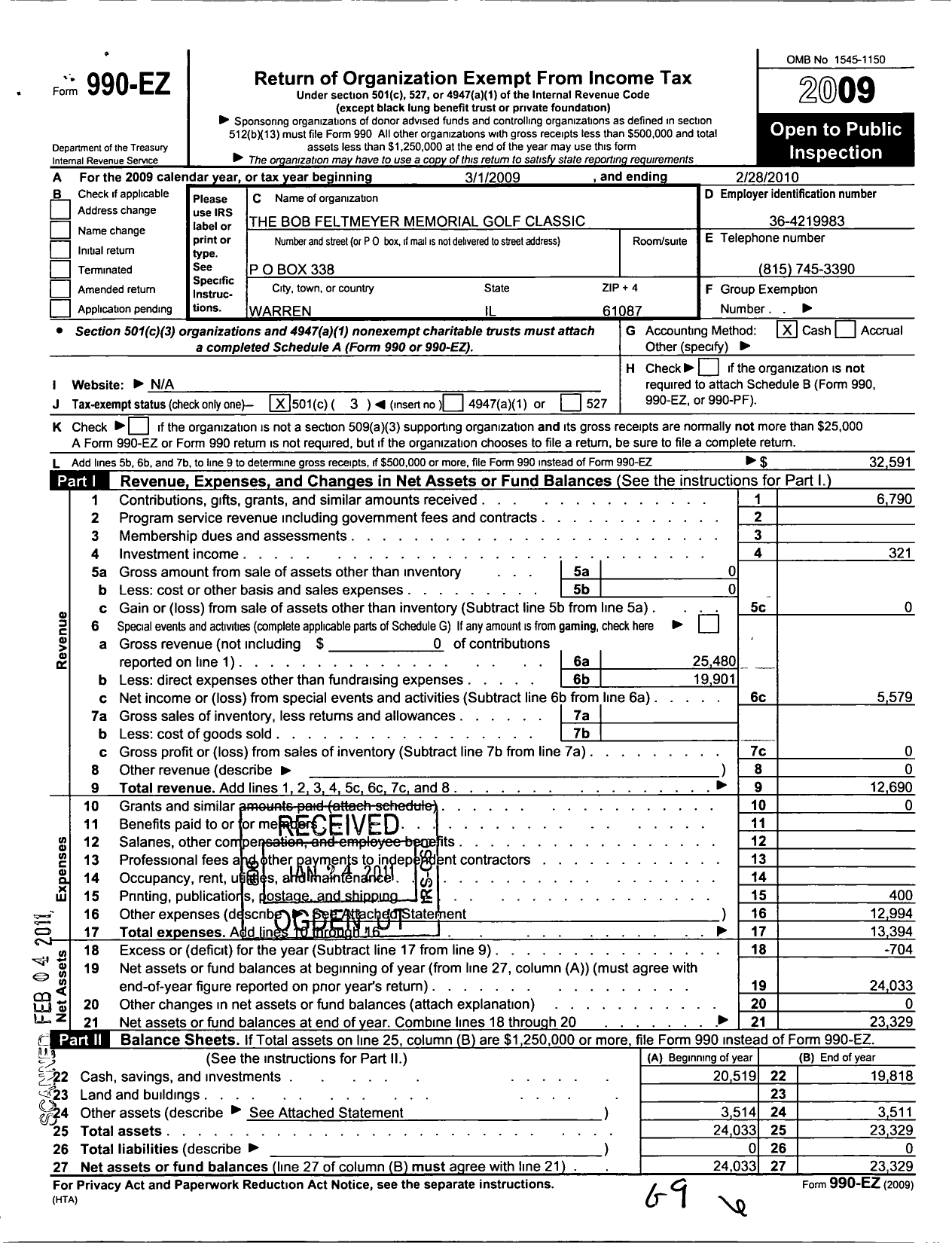 Image of first page of 2009 Form 990EZ for Robert Feltmeyer Memorial Golf Classic