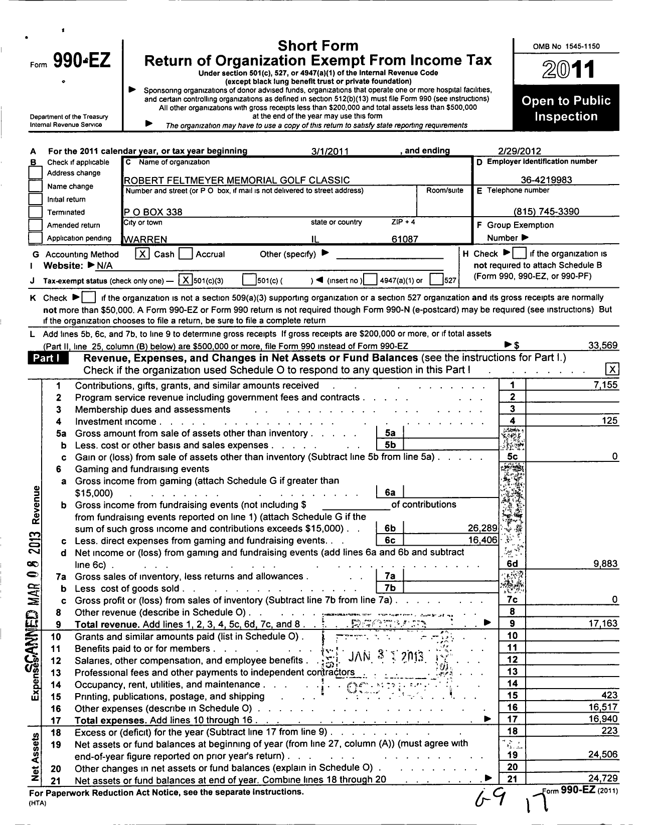 Image of first page of 2011 Form 990EZ for Robert Feltmeyer Memorial Golf Classic