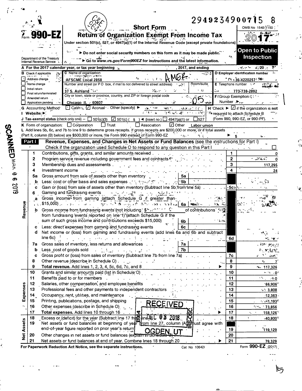 Image of first page of 2017 Form 990EO for American Federation of State County & Municipal Employees - L2858il No Chicago Hum SVC Pub Aid