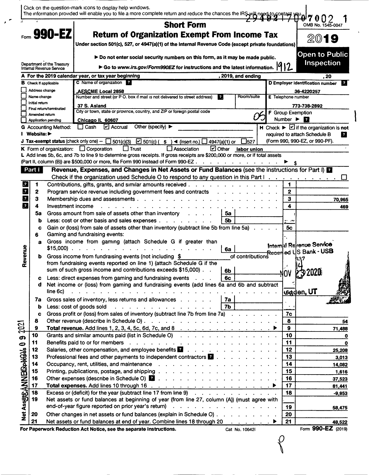 Image of first page of 2019 Form 990EO for American Federation of State County & Municipal Employees - L2858il No Chicago Hum SVC Pub Aid