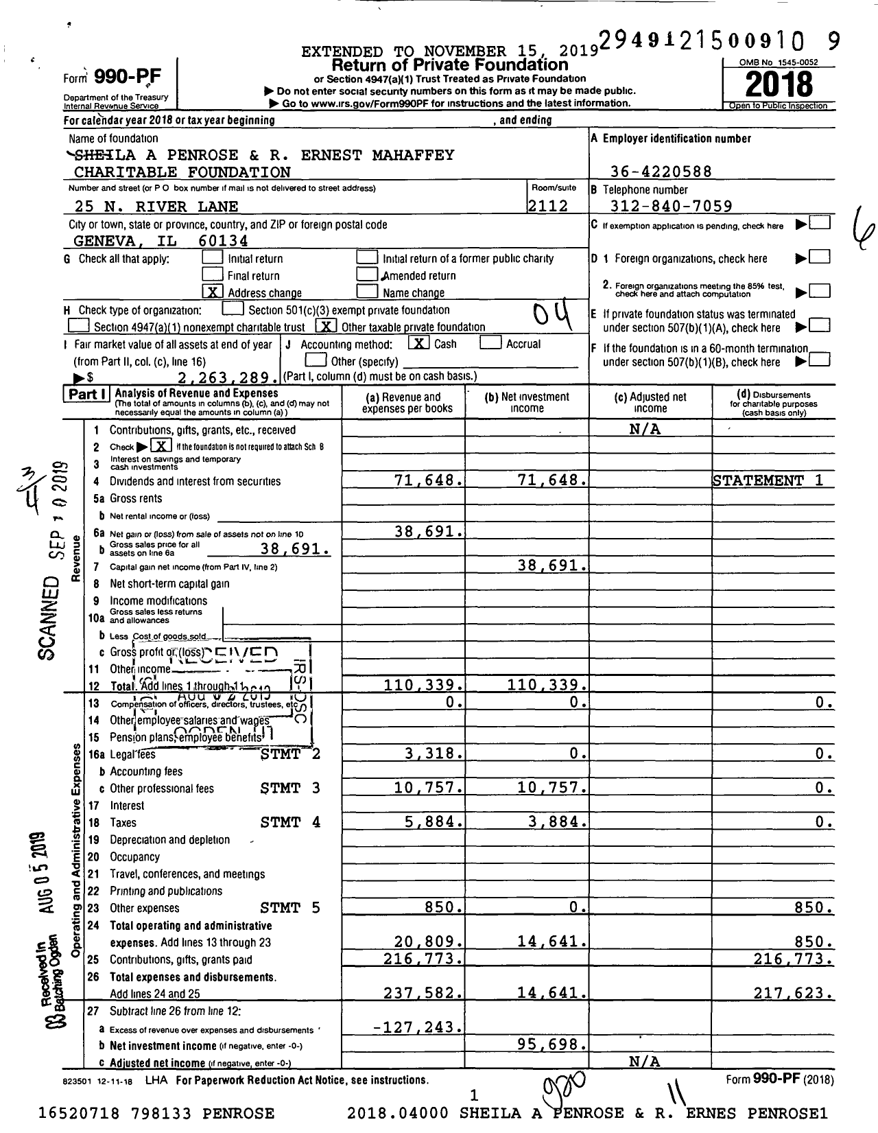 Image of first page of 2018 Form 990PF for Sheila A Penrose and R Ernest Mahaffey Charitable Foundation