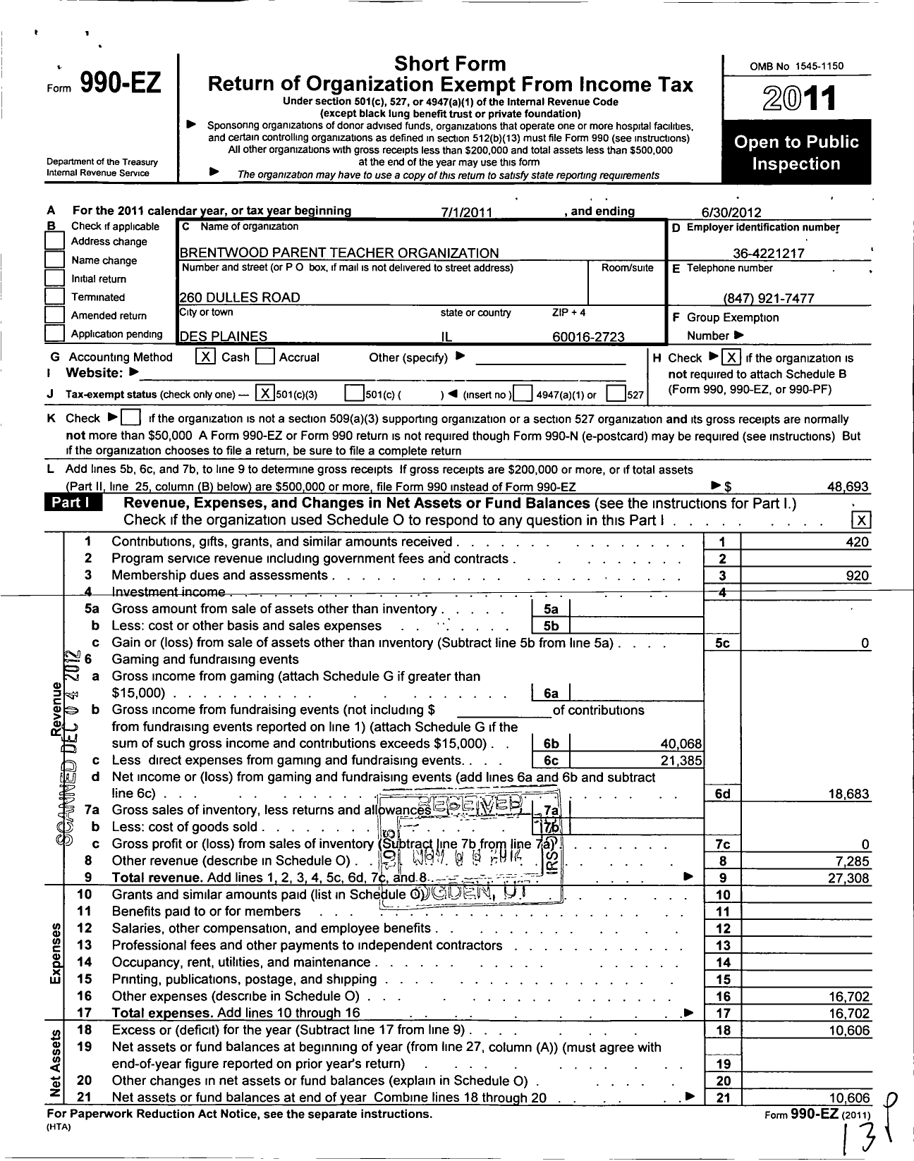 Image of first page of 2011 Form 990EZ for Brentwood Parent Teacher Organization