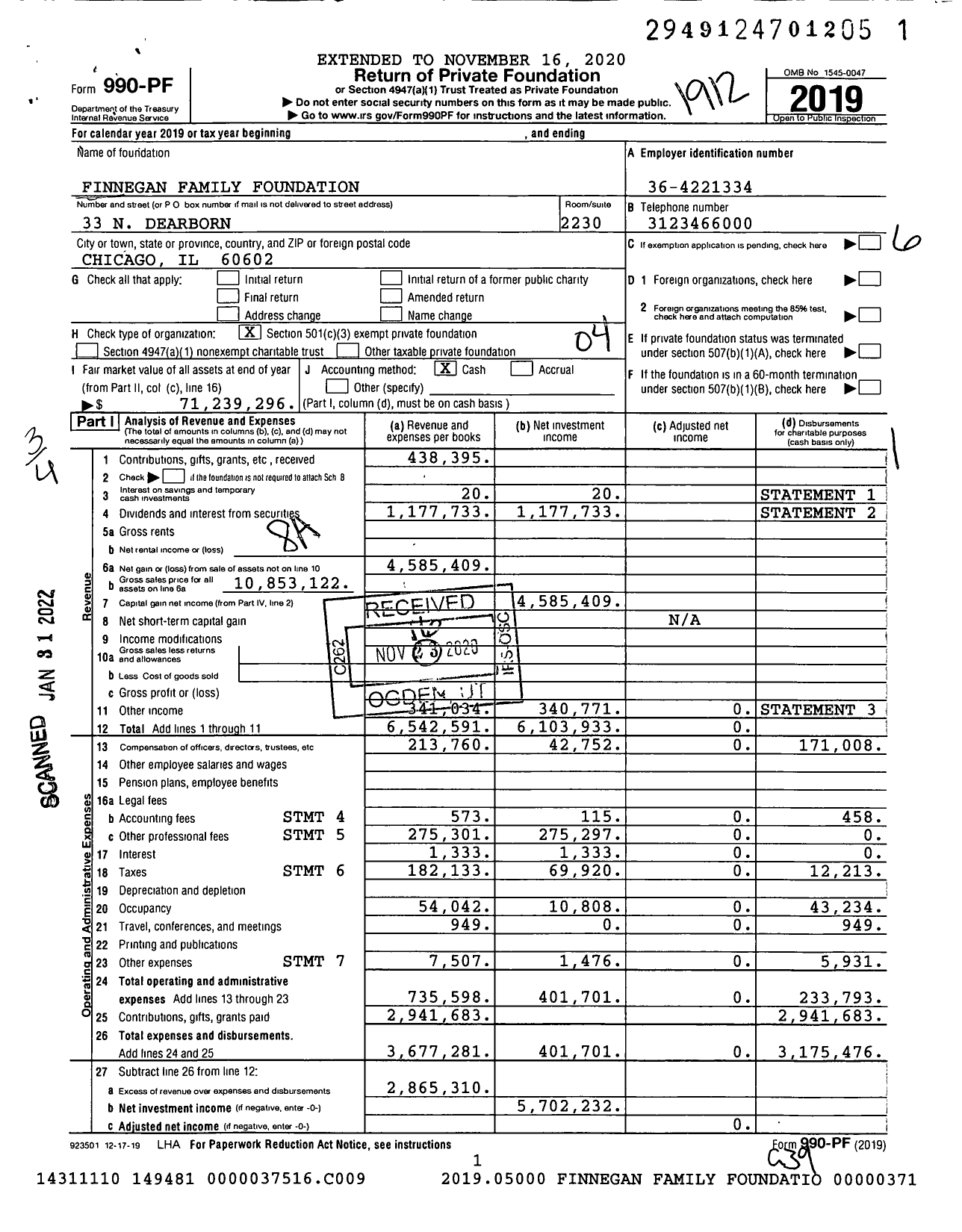 Image of first page of 2019 Form 990PF for Finnegan Family Foundation