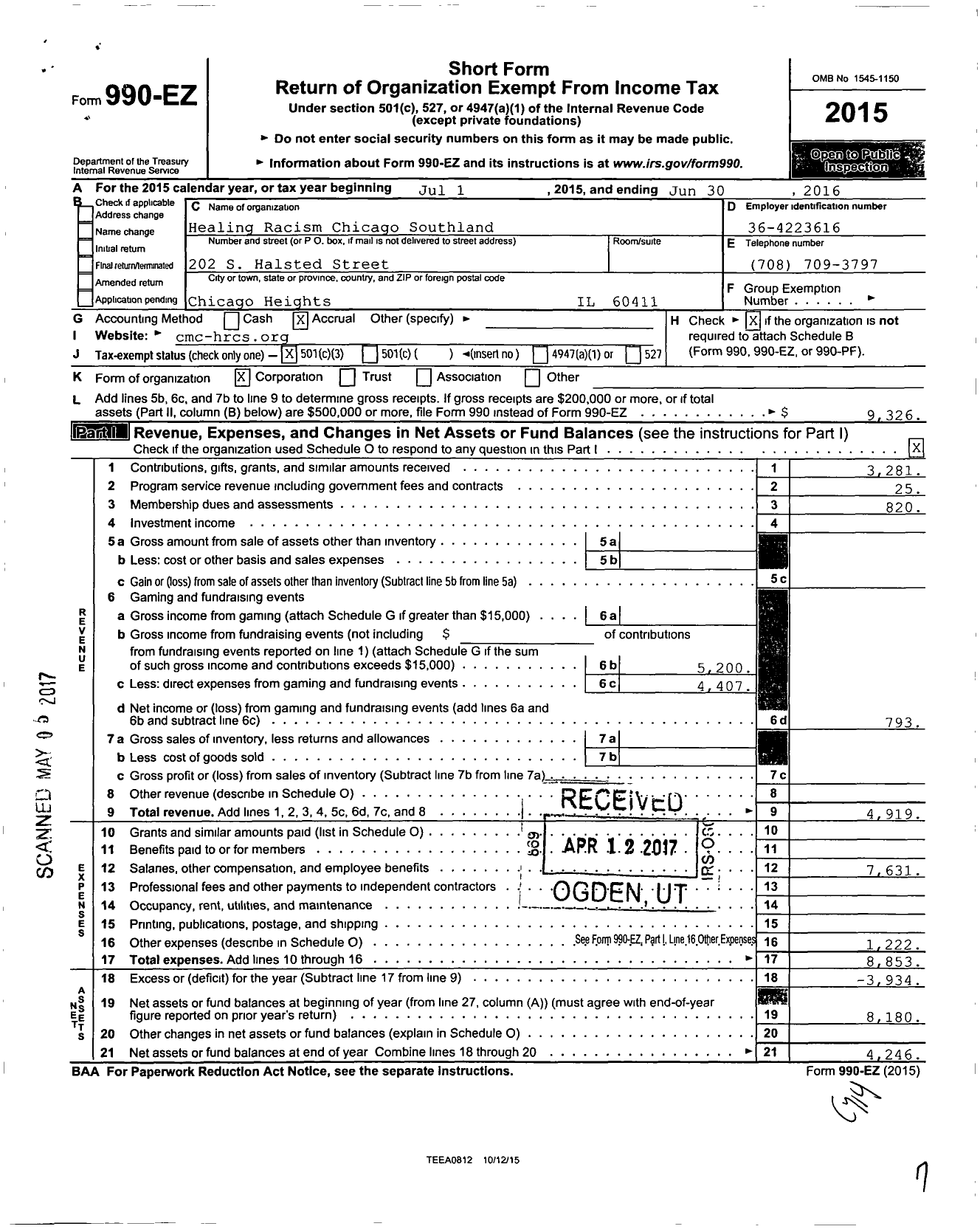 Image of first page of 2015 Form 990EZ for The Center for Multicultural Communities