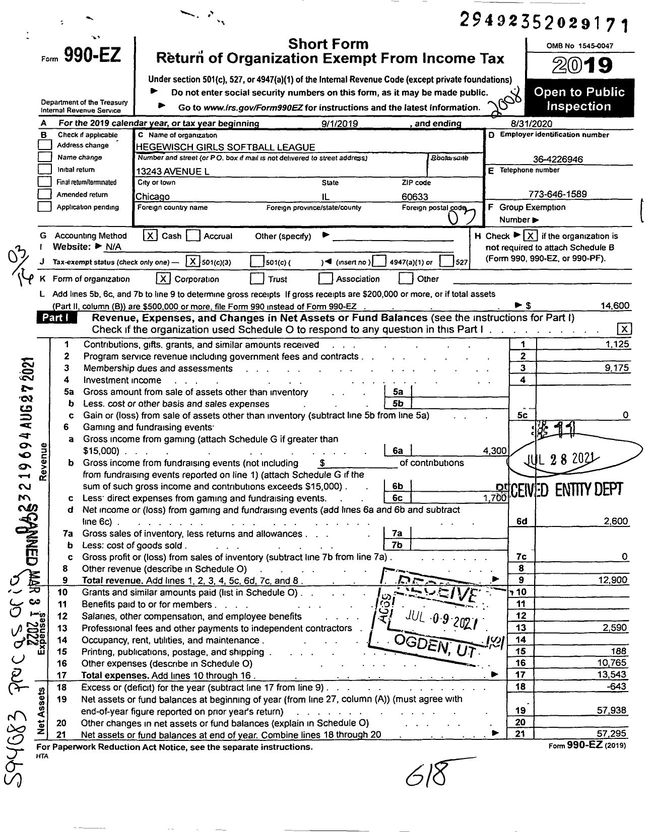 Image of first page of 2019 Form 990EZ for Hegewisch Girls Softball League