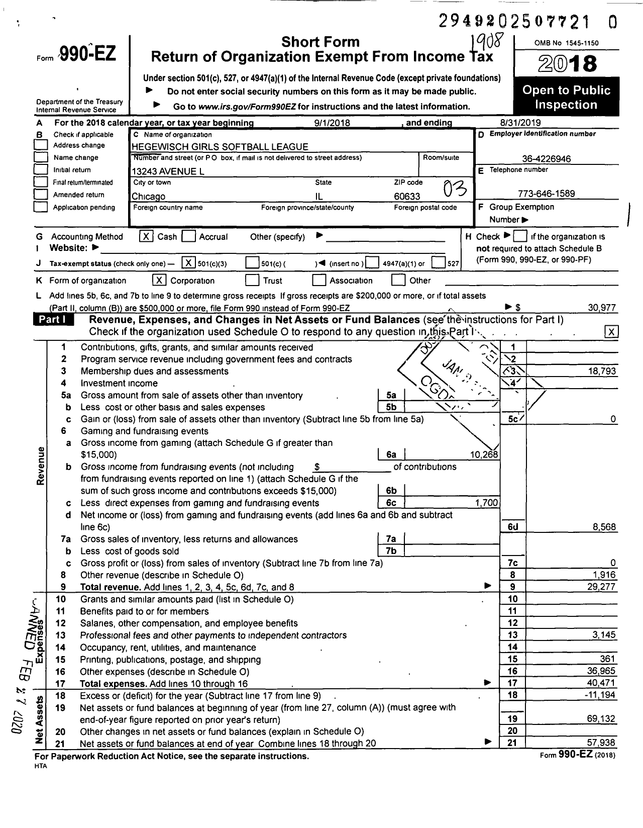 Image of first page of 2018 Form 990EZ for Hegewisch Girls Softball League