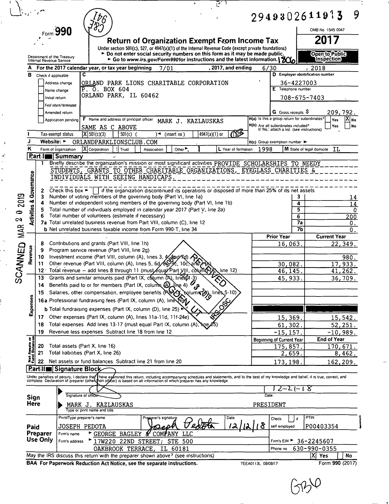 Image of first page of 2017 Form 990 for Orland Park Lions Charitable Corporation