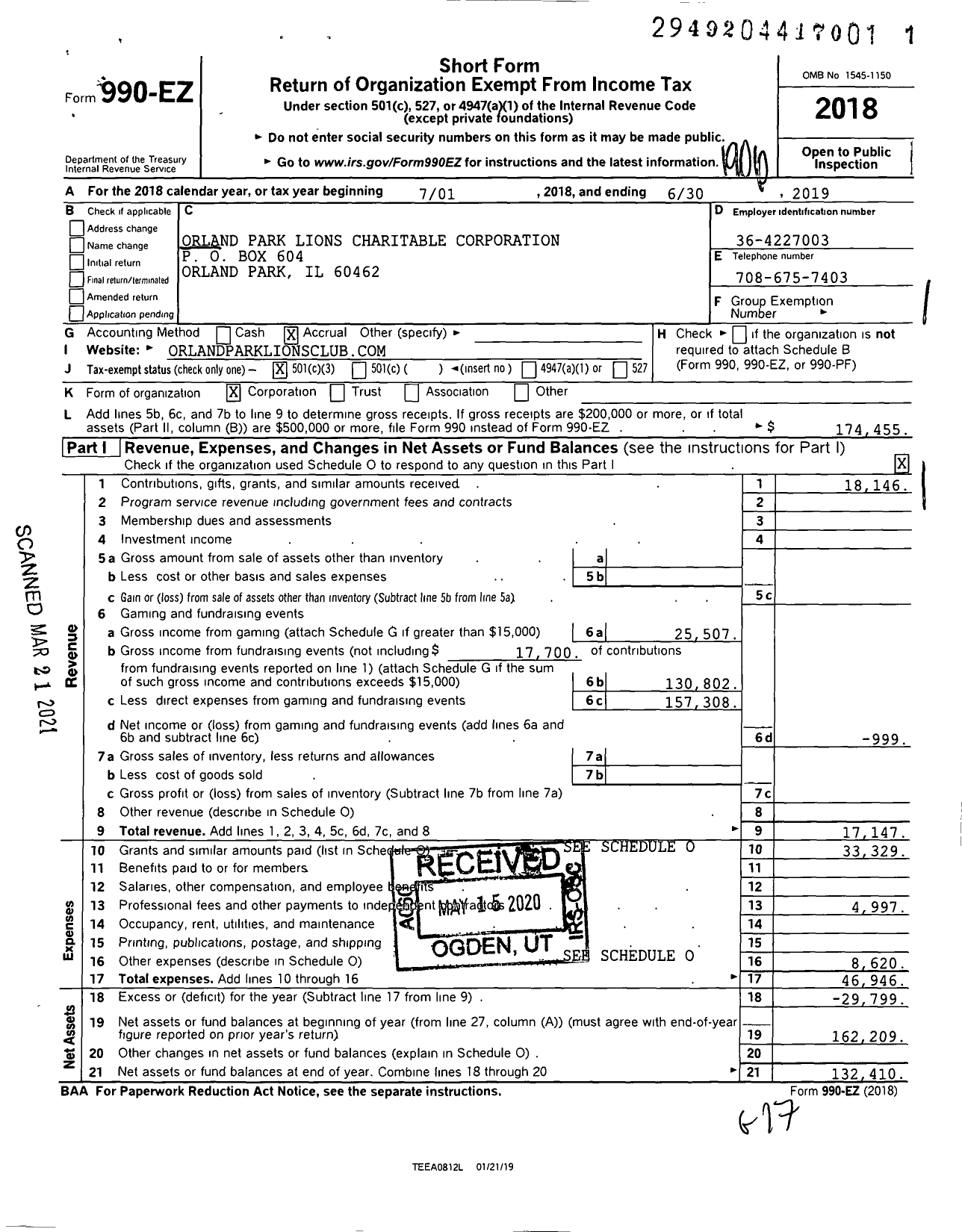 Image of first page of 2018 Form 990EZ for Orland Park Lions Charitable Corporation