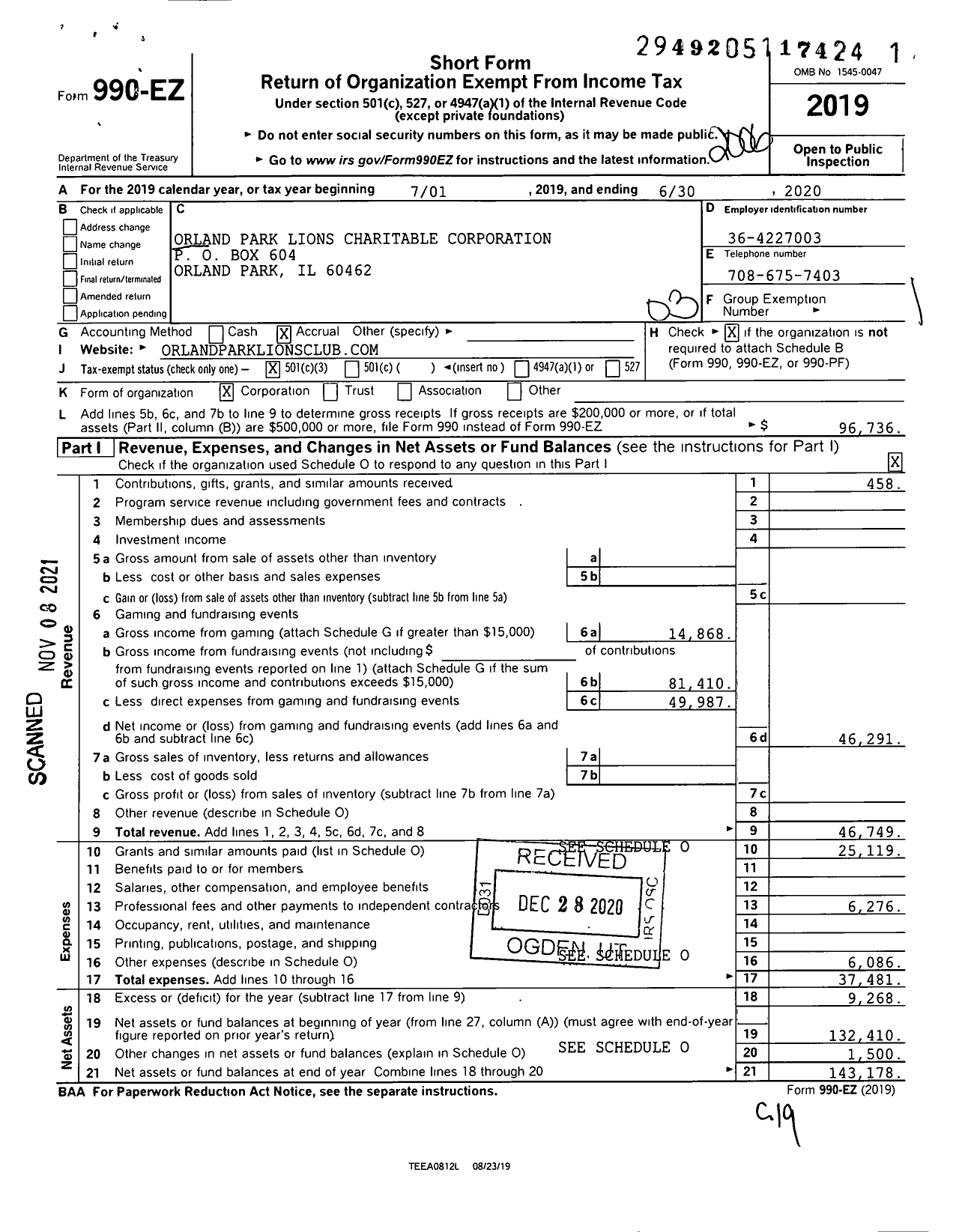 Image of first page of 2019 Form 990EZ for Orland Park Lions Charitable Corporation