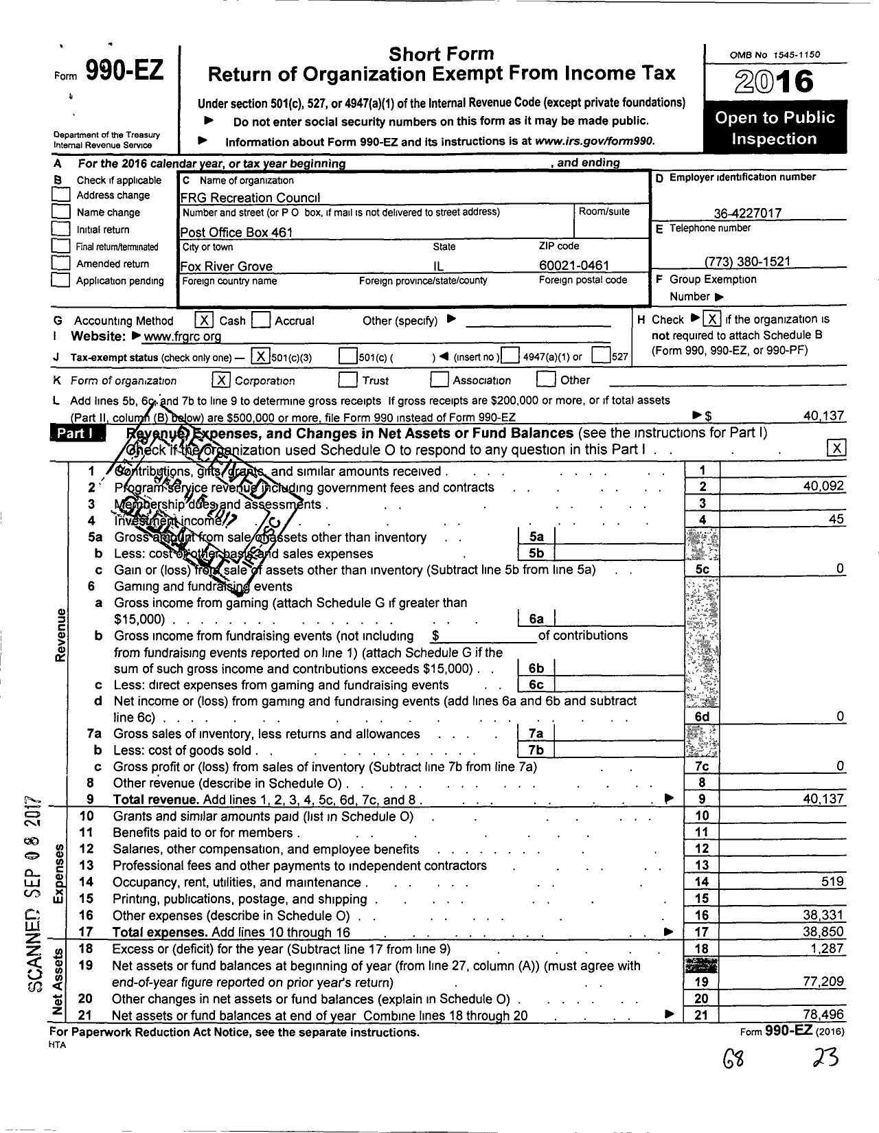 Image of first page of 2016 Form 990EZ for FRG Recreation Council