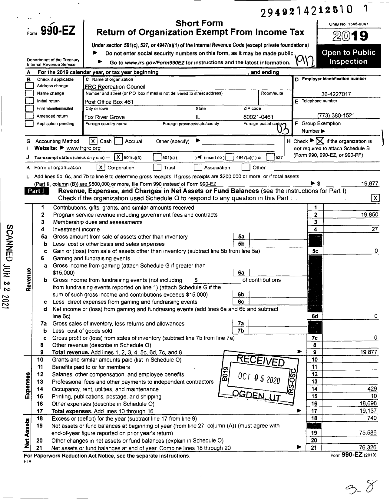 Image of first page of 2019 Form 990EZ for FRG Recreation Council