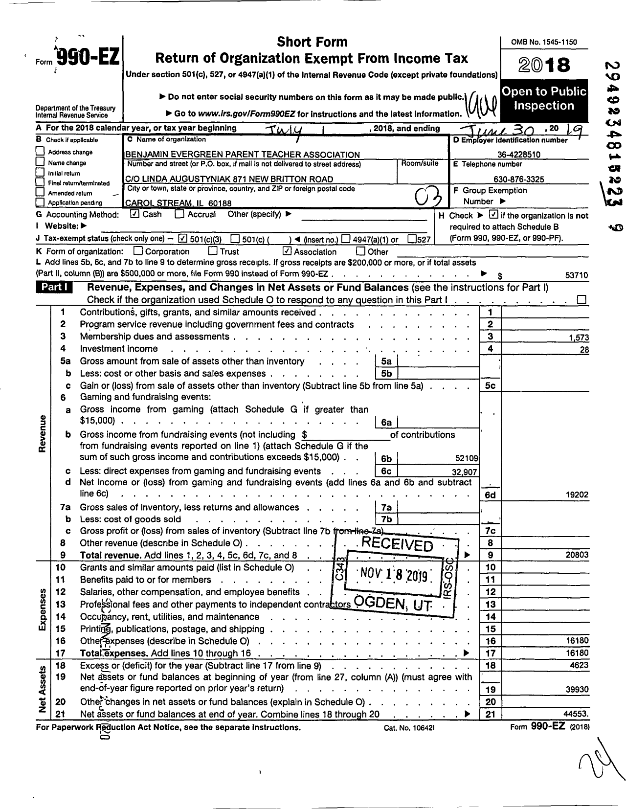 Image of first page of 2018 Form 990EZ for Illinois PTA - Benjamin-Evergren PTA