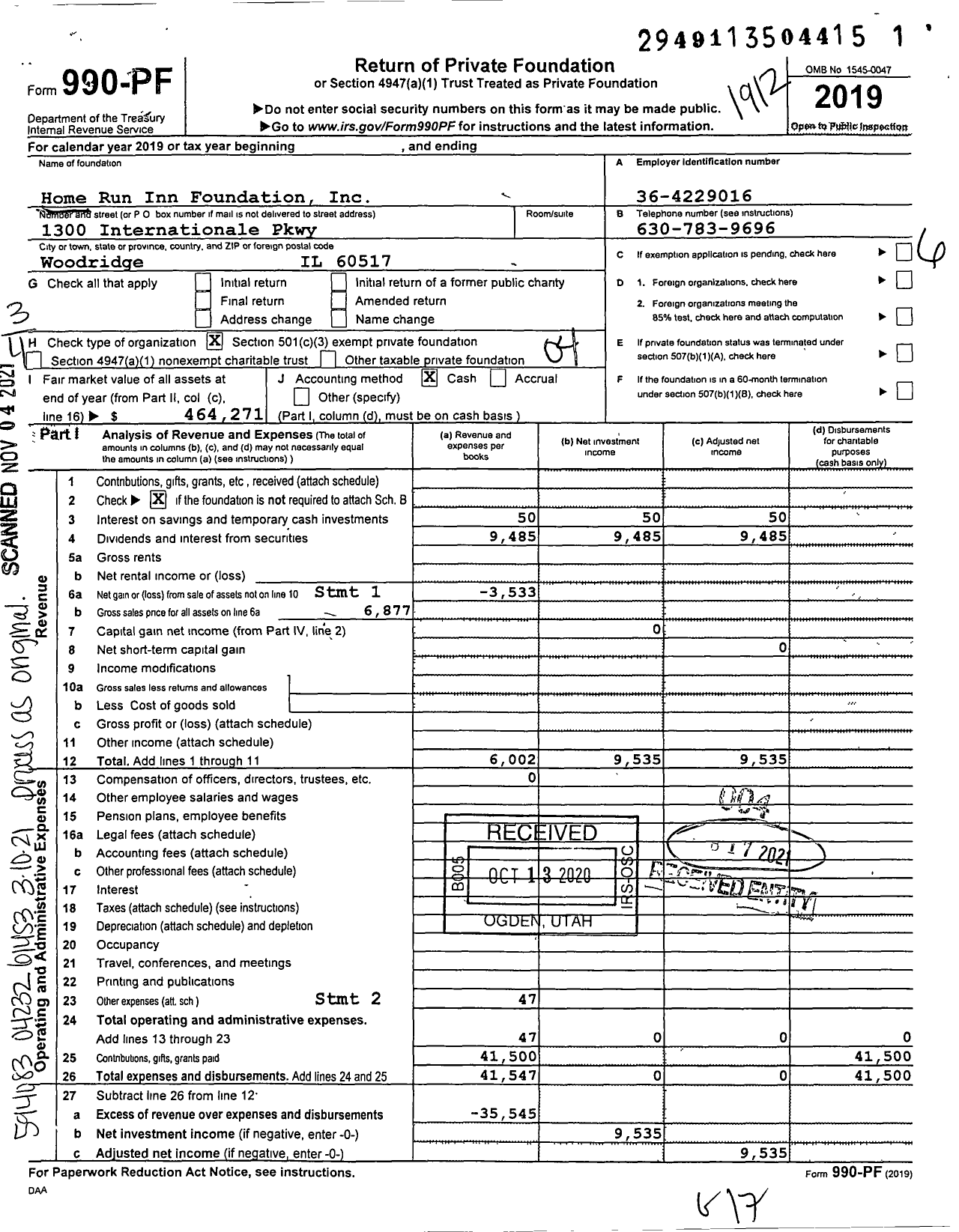 Image of first page of 2019 Form 990PF for Home Run Inn Foundation