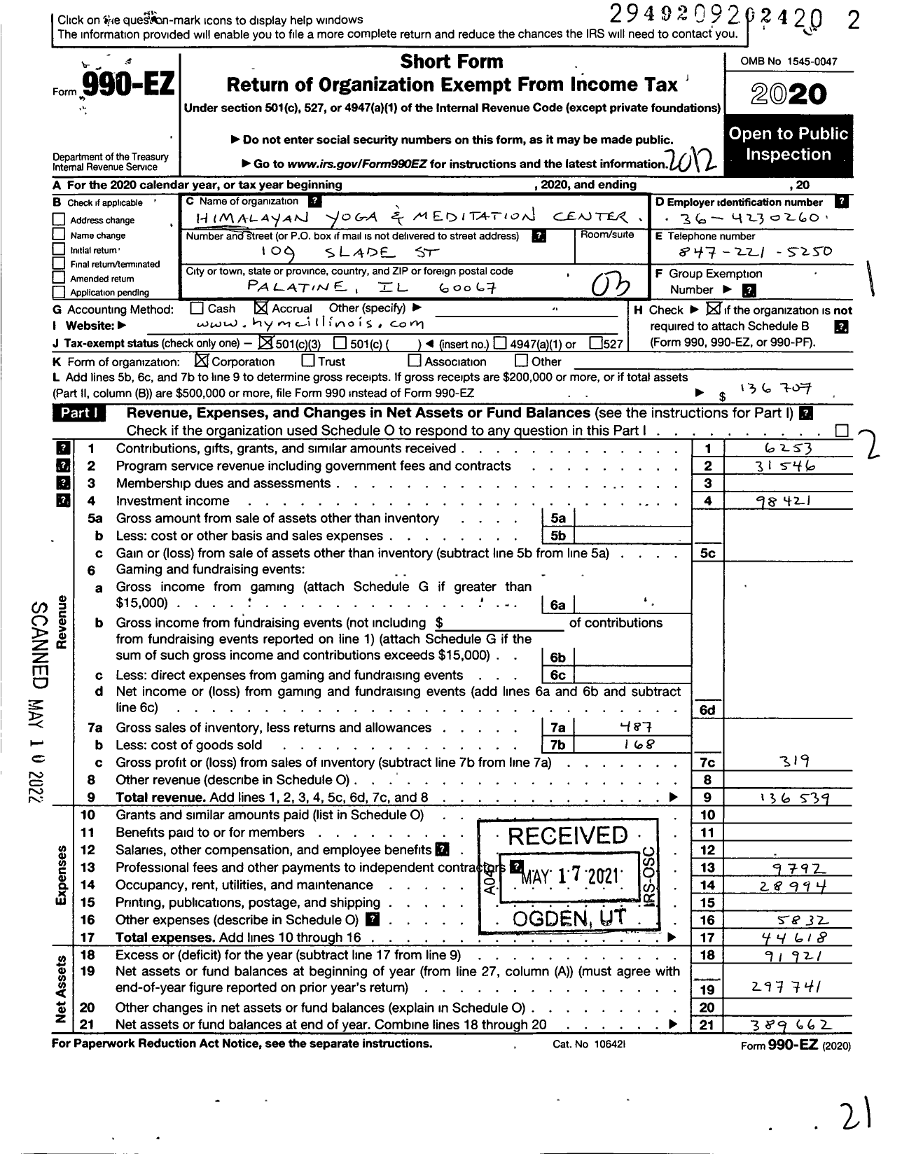 Image of first page of 2020 Form 990EZ for Himalayan Yoga and Meditation Center