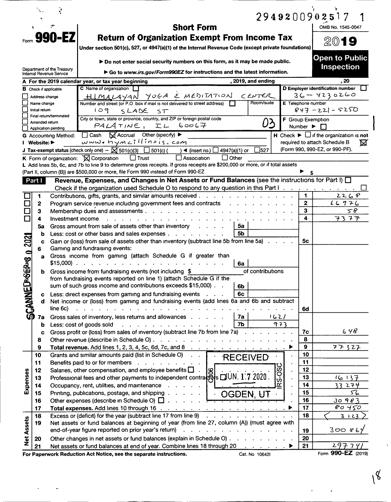 Image of first page of 2019 Form 990EZ for Himalayan Yoga and Meditation Center