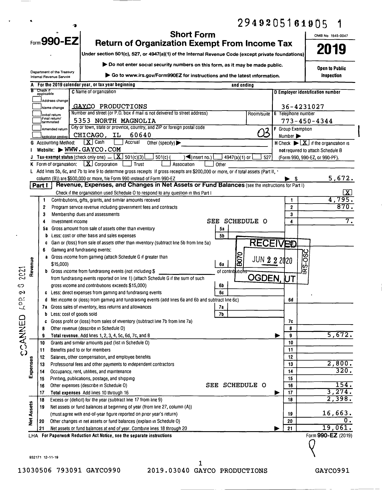 Image of first page of 2019 Form 990EZ for Gayco Productions