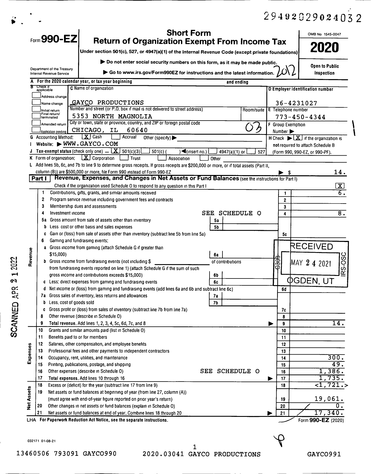 Image of first page of 2020 Form 990EZ for Gayco Productions