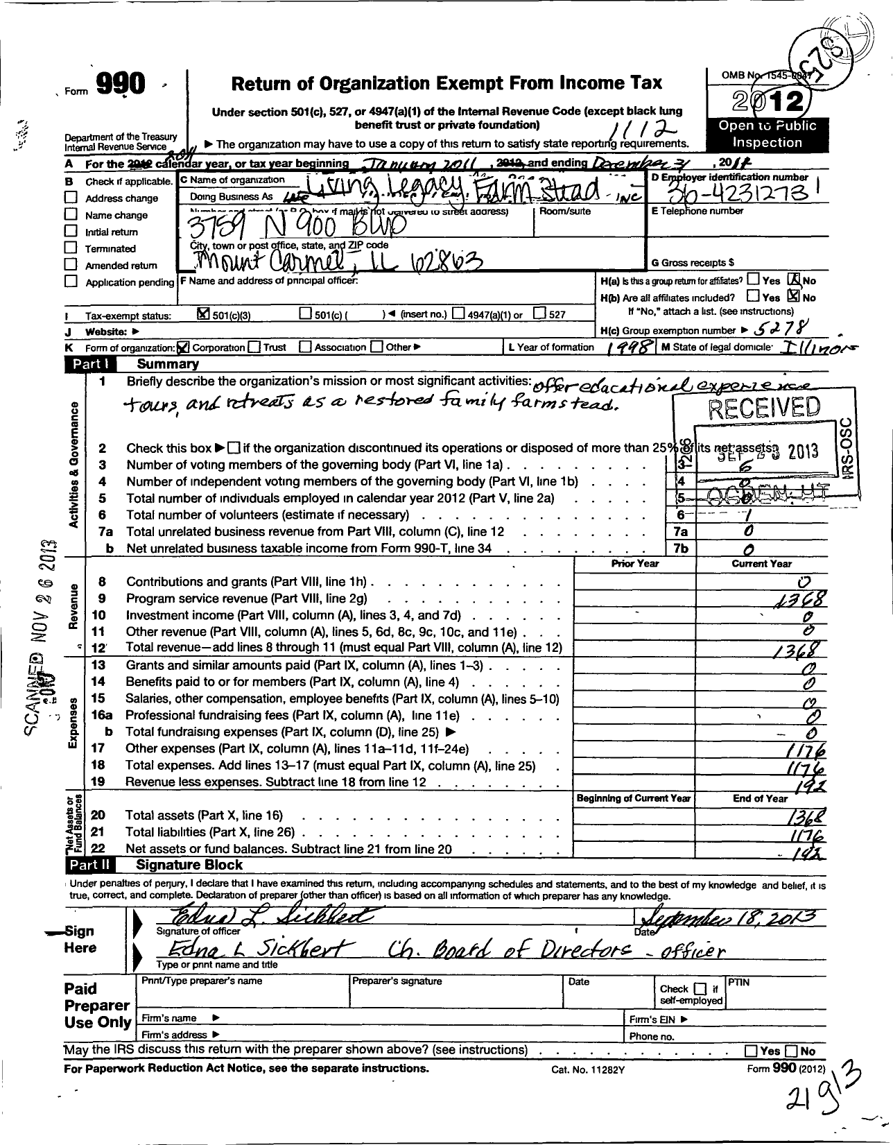 Image of first page of 2011 Form 990 for Living Legacy Farmstead Incorporated