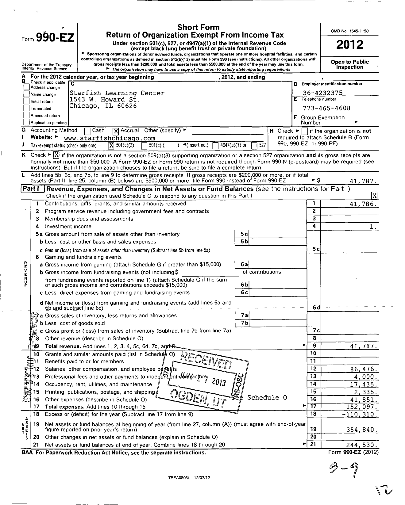 Image of first page of 2012 Form 990EZ for Starfish Learning Center