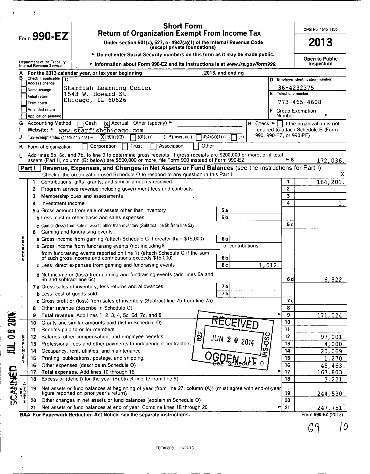 Image of first page of 2013 Form 990EZ for Starfish Learning Center