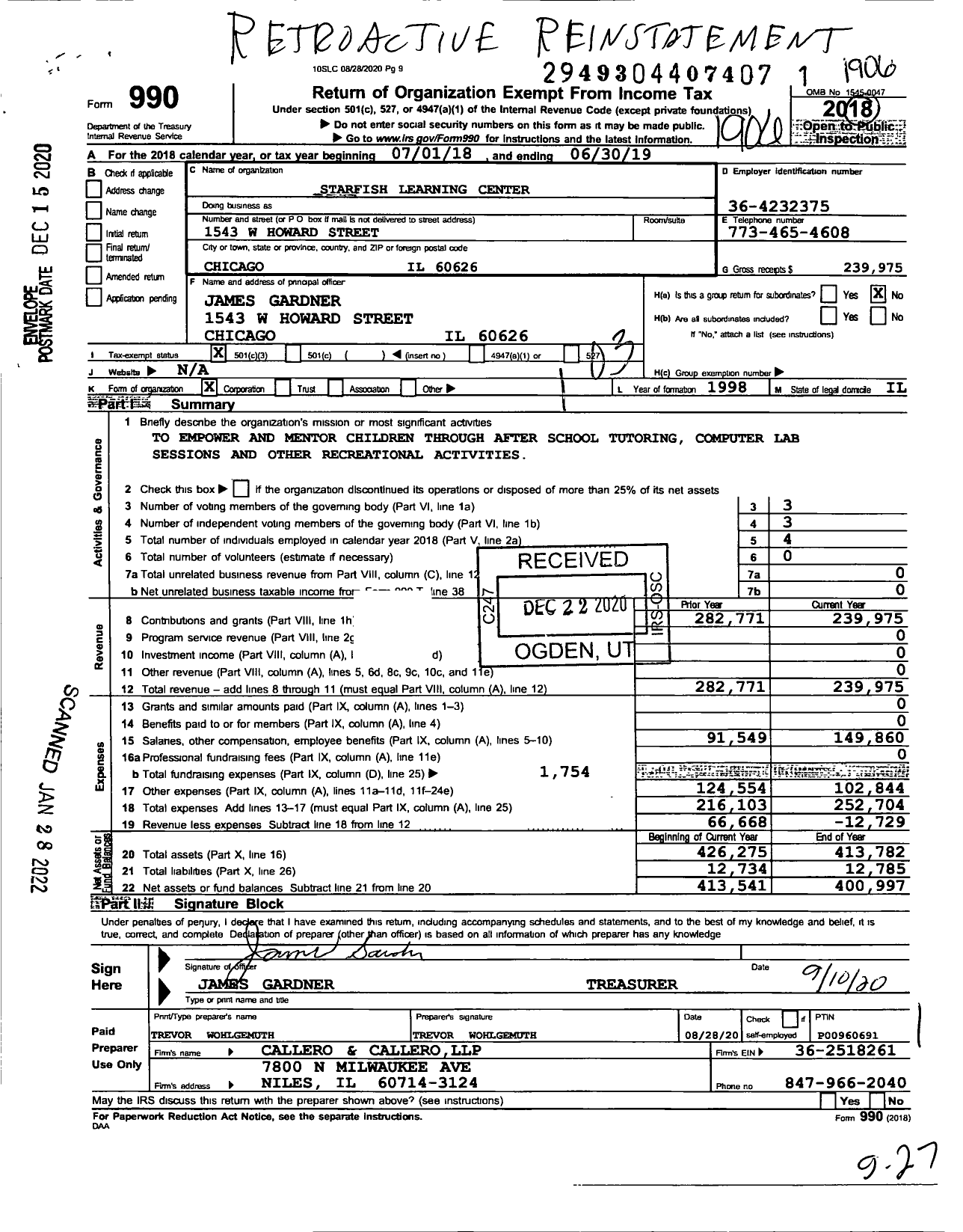 Image of first page of 2018 Form 990 for Starfish Learning Center