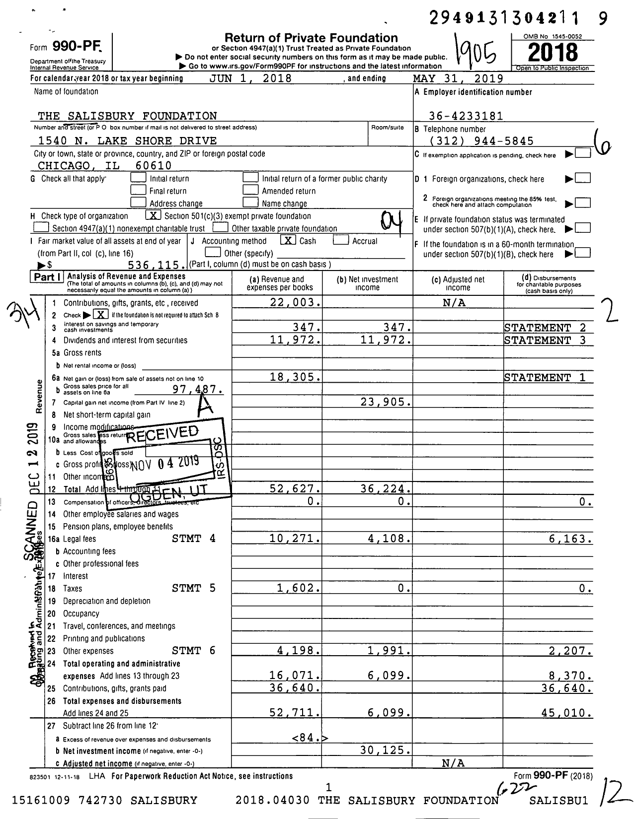 Image of first page of 2018 Form 990PF for The Salisbury Foundation