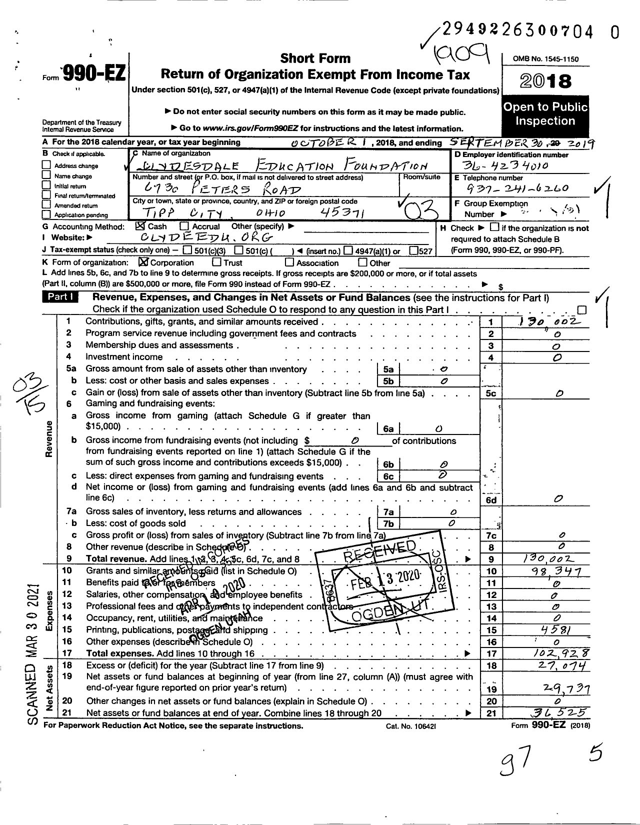 Image of first page of 2018 Form 990EZ for Clydesdale Education Foundation